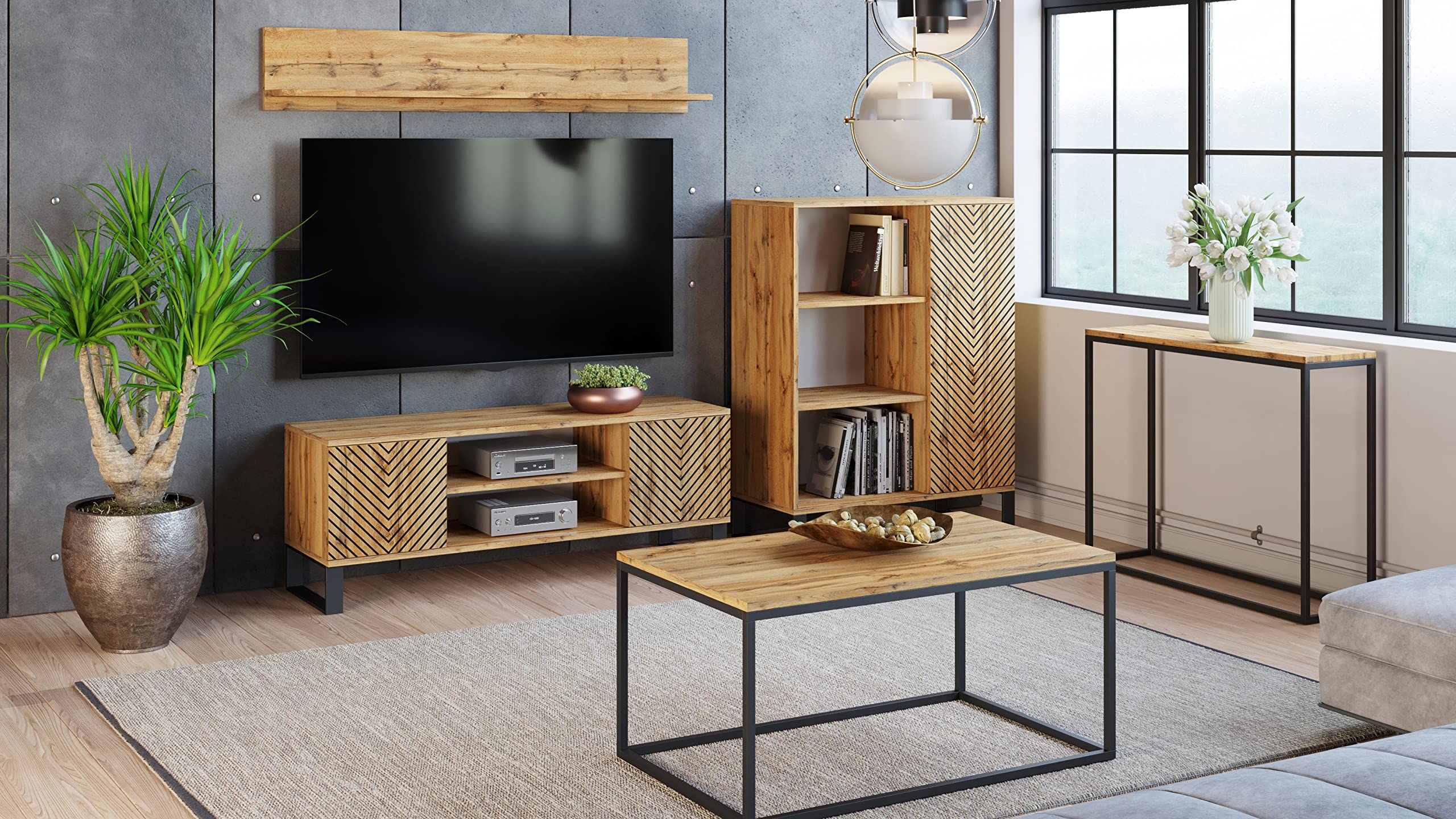 Kobi Meuble TV Focus chêne doré, 135x49x40, décor Chevron Noir, Meuble TV, loft, Pieds métal Noir