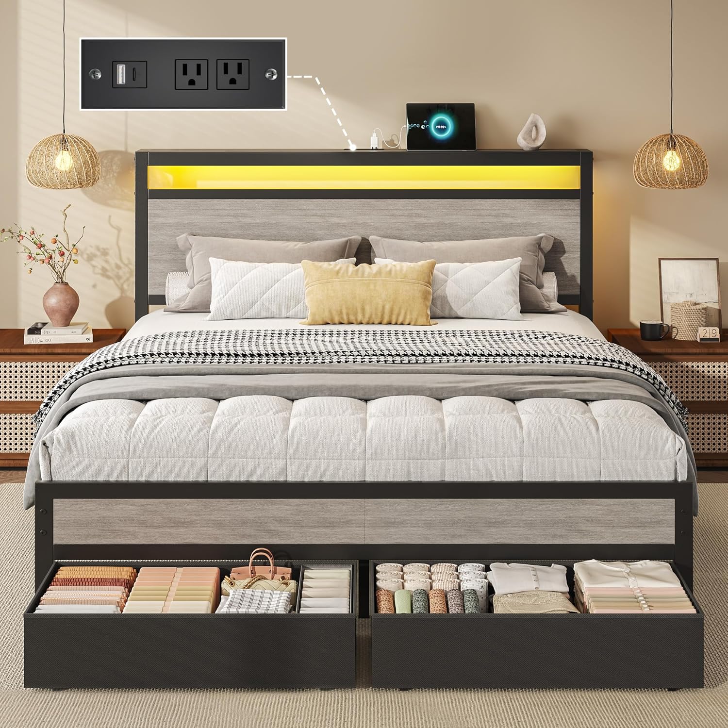 HISOFT Queen Bed Frame with Storage, Wood Headboard with Fast Charging Station, LED Lights, Platform Bed Frame Queen Size, Fabric Drawers with Wheels, No Box Spring Needed, Noise Free, Rustic Grey