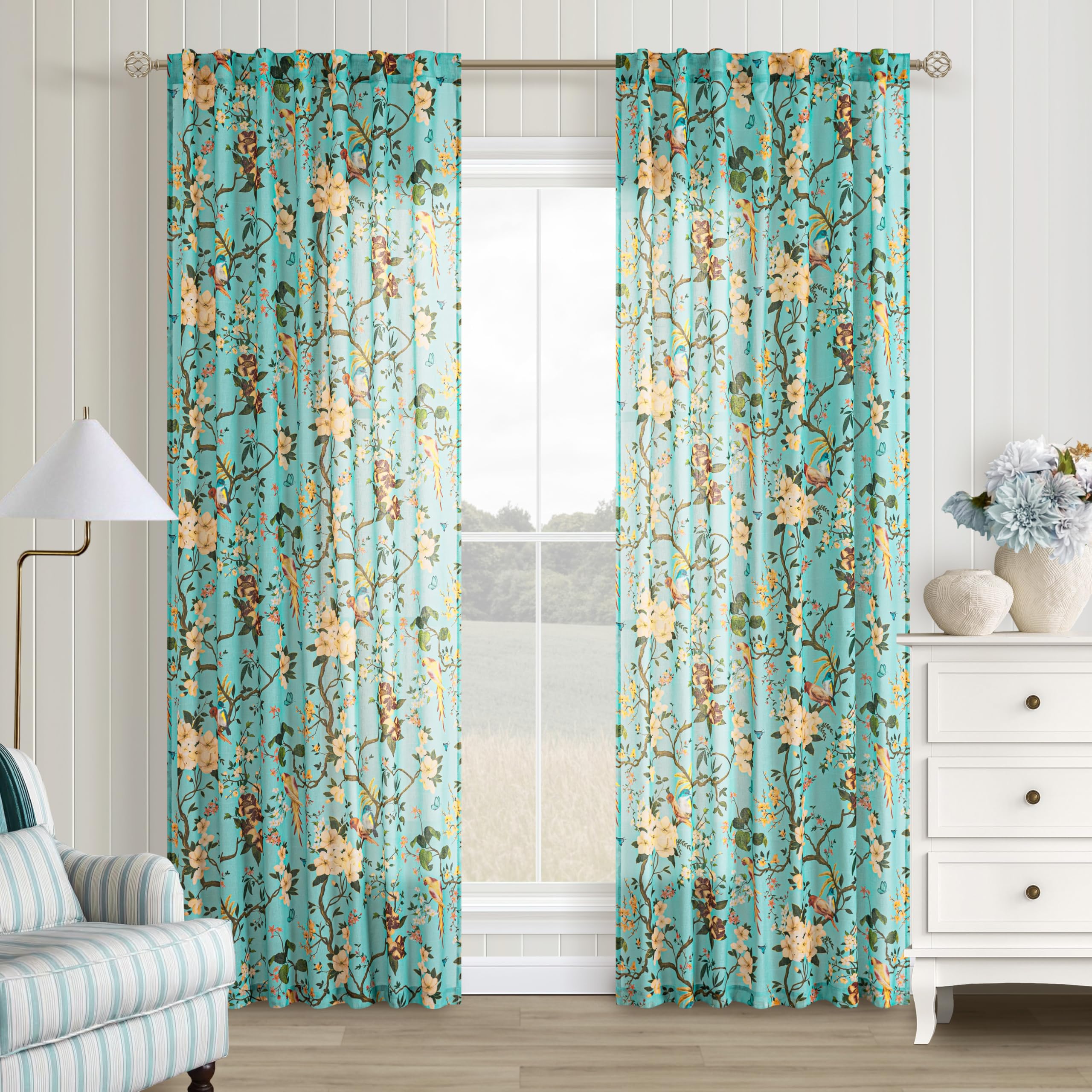 Aqua Blue Floral Linen Curtains for Living Room 90 Inches Long 2 Panels Back Tab Bird Leaf Flower Patterned Coastal Boho Blue Teal Yellow Window Drapes Light Filtering Semi Sheer Bedroom Sliding Door