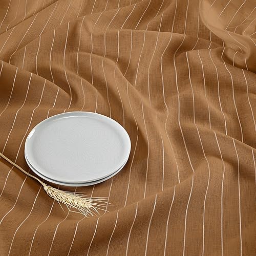 Miniatura 4 de Solino Home Mantel cuadrado de lino  52 x 52 pulgadas, color camello y blanco  Mantel de lino 100% puro a rayas para otoño, Acción de Gracias,