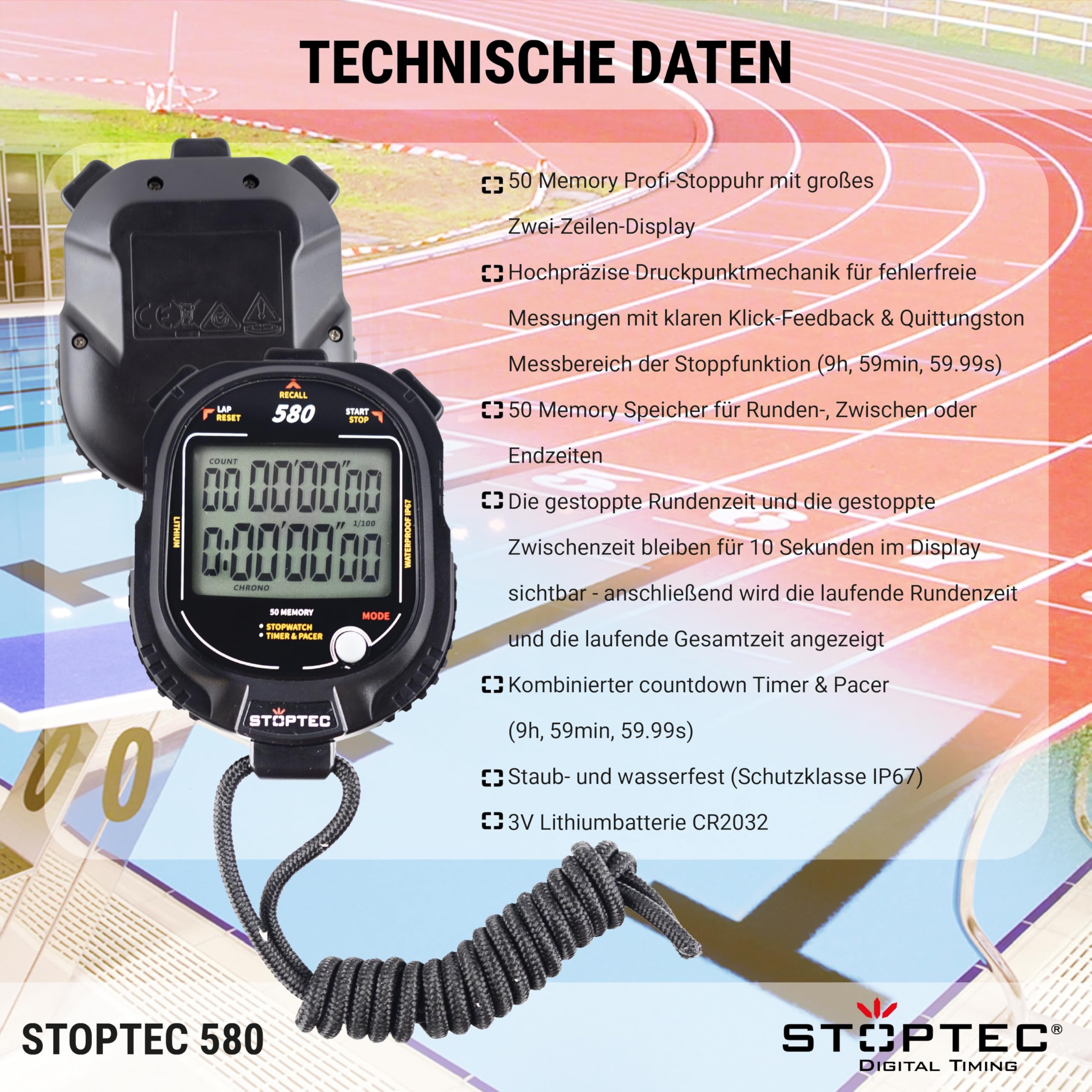 Stoptec Cronometro 580, grande display a 2 righe, meccanismo a punto di pressione, 50 memorie, timer, Pacer, resistente alla polvere e all'acqua (IP67)