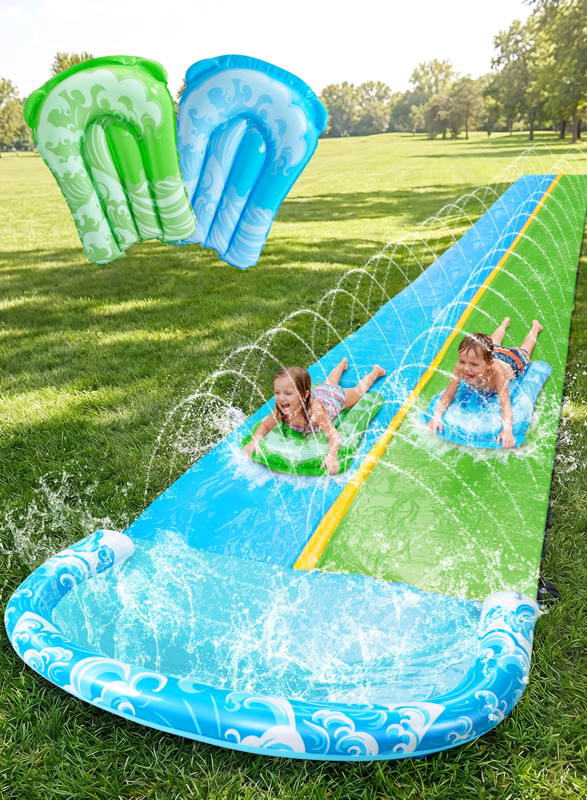 JOYIN 32.5FT Water Slide and 2 Inflatable Boards, Extra Long Heavy Duty Double Lawn Waterslide with Sprinkler for Kids Adults Backyard Summer Water Toy Outdoor Fun, Blue, Green