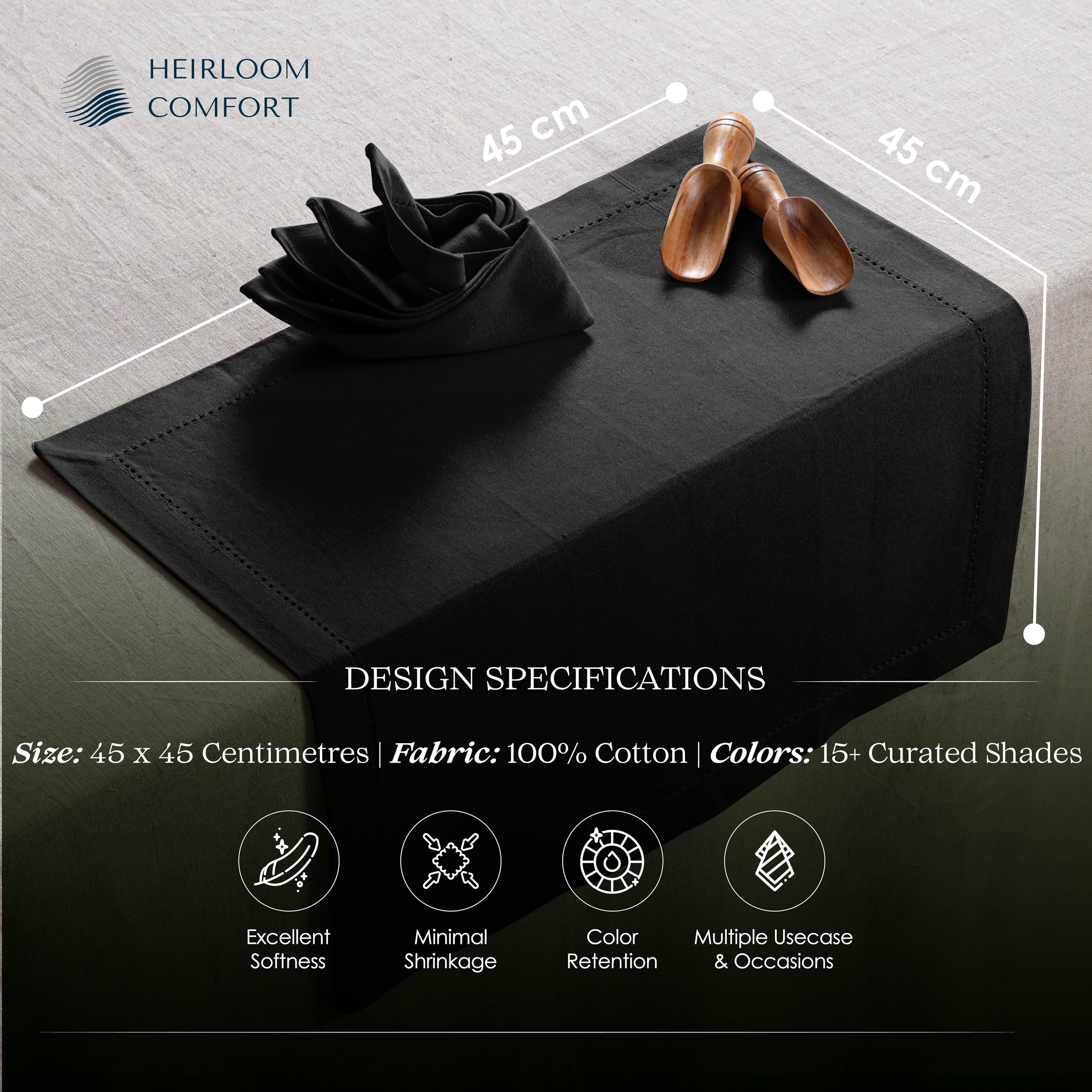 HEIRLOOM COMFORT Black Cloth Napkins 45x45 cm, Set of 12, Absorbent, Soft, Durable, Washable, Reusable 100% Cotton - Image 2