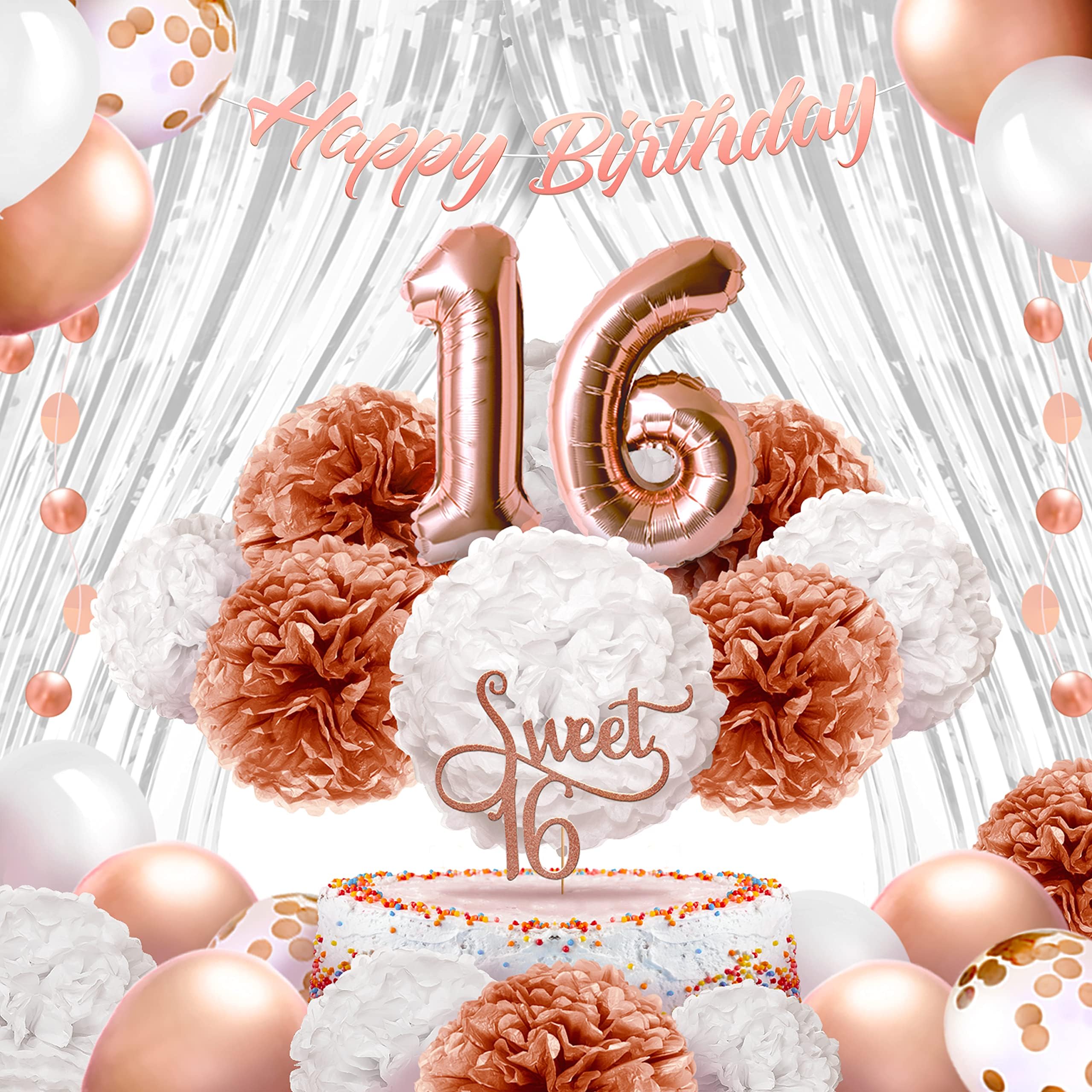 EpiqueOne 16th Birthday Party Decorations – Balloons Party Supplies Kit – Sweet 16 Rose Gold Décor with 2 Silver Curtains, Balloons, Banner, Mylar & Pompons – Royal Event Décor Props for Girls