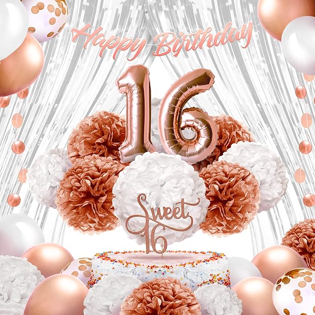 EpiqueOne 41-Piece Rose Gold Sweet 16 Birthday Decoration for Girls | Includes Happy Birthday Banner, Cake Topper, Tissue Pom Poms & More | Easy to Set Up | Also Ideal for Bridal & Baby Showers & More