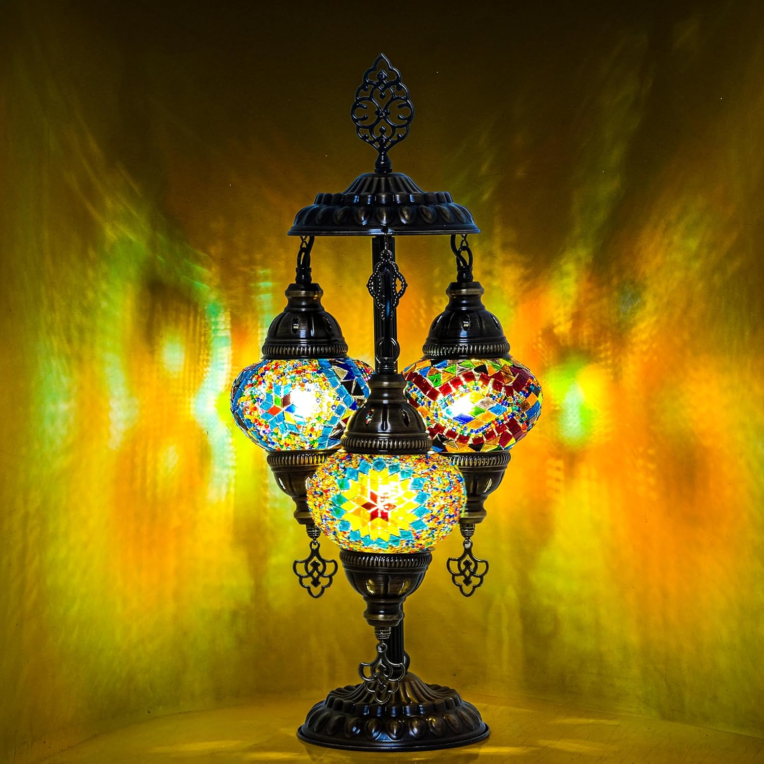 Mozaist Turkish Mosaic Lamp with Bulb – 3 Globe Tiffany-Style Table Light (Cappadocia Balloon)