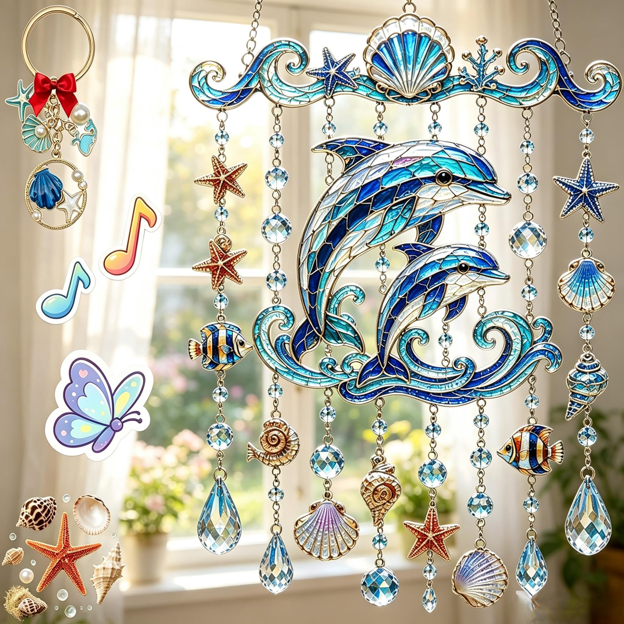 Hanging Ocean Themed Crystal Wind Chime, Stained Acrylic Turtle Wind Chimes