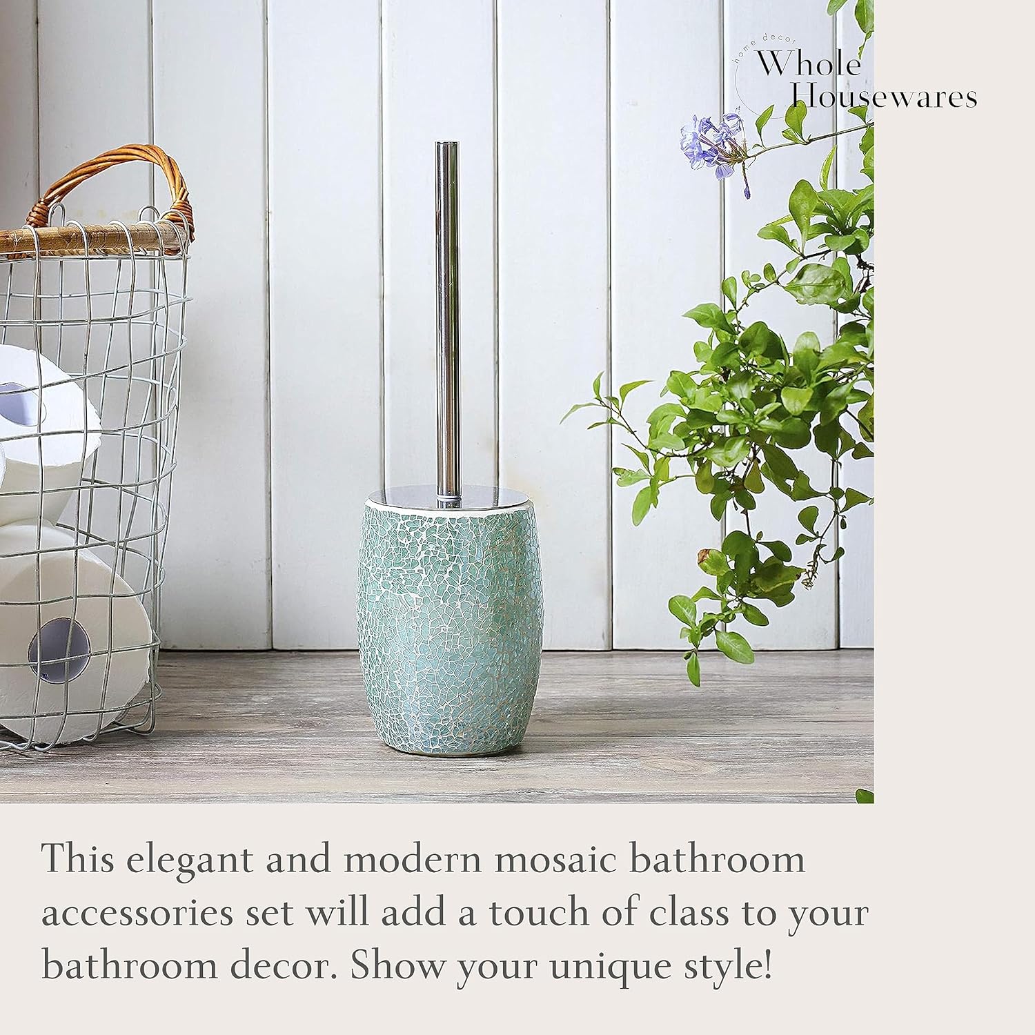 WHOLE HOUSEWARES Modern Toilet Brush Set, Turquoise (1 Glass Mosaic Bathroom Accessory)