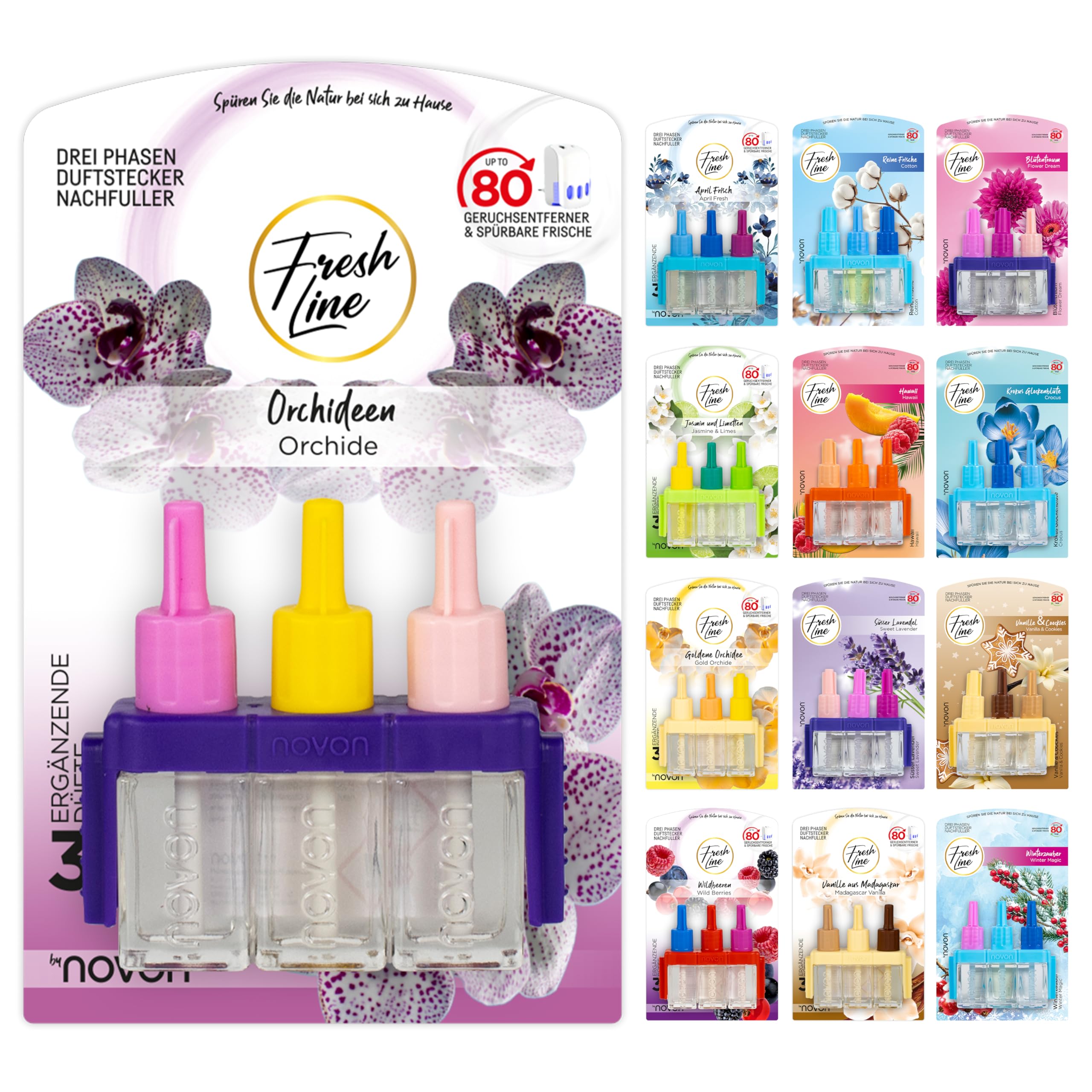 FRESH LINE® Zestaw 12 sztuk (3 x 7 ml) – 3-fazowa zmiana – kompatybilny z 3VOLUTION – odświeżacz powietrza – 6 zapachów: dzikie jagody, jaśmin, limonki, świeża kwietniowa, złota orchidea, wanilia