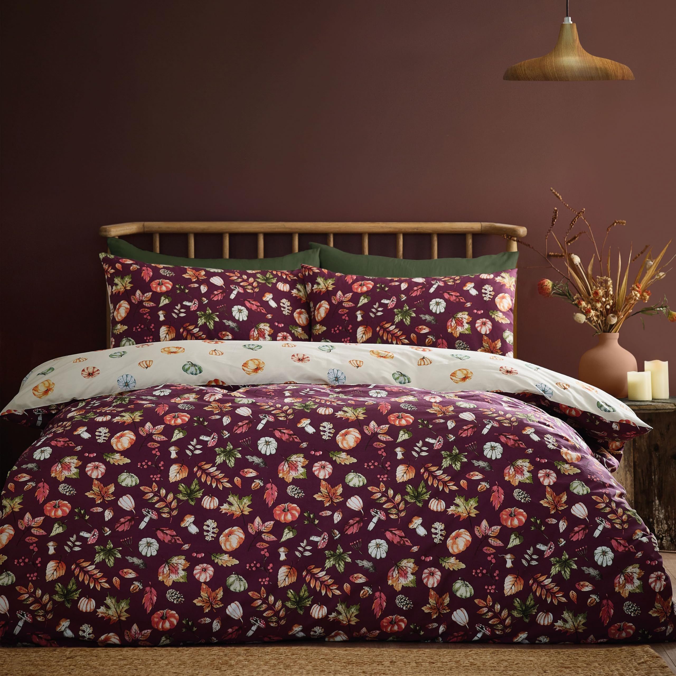 Catherine Lansfield Autumn Pumpkins Reversible King Duvet Cover Set with Pillowcases Plum