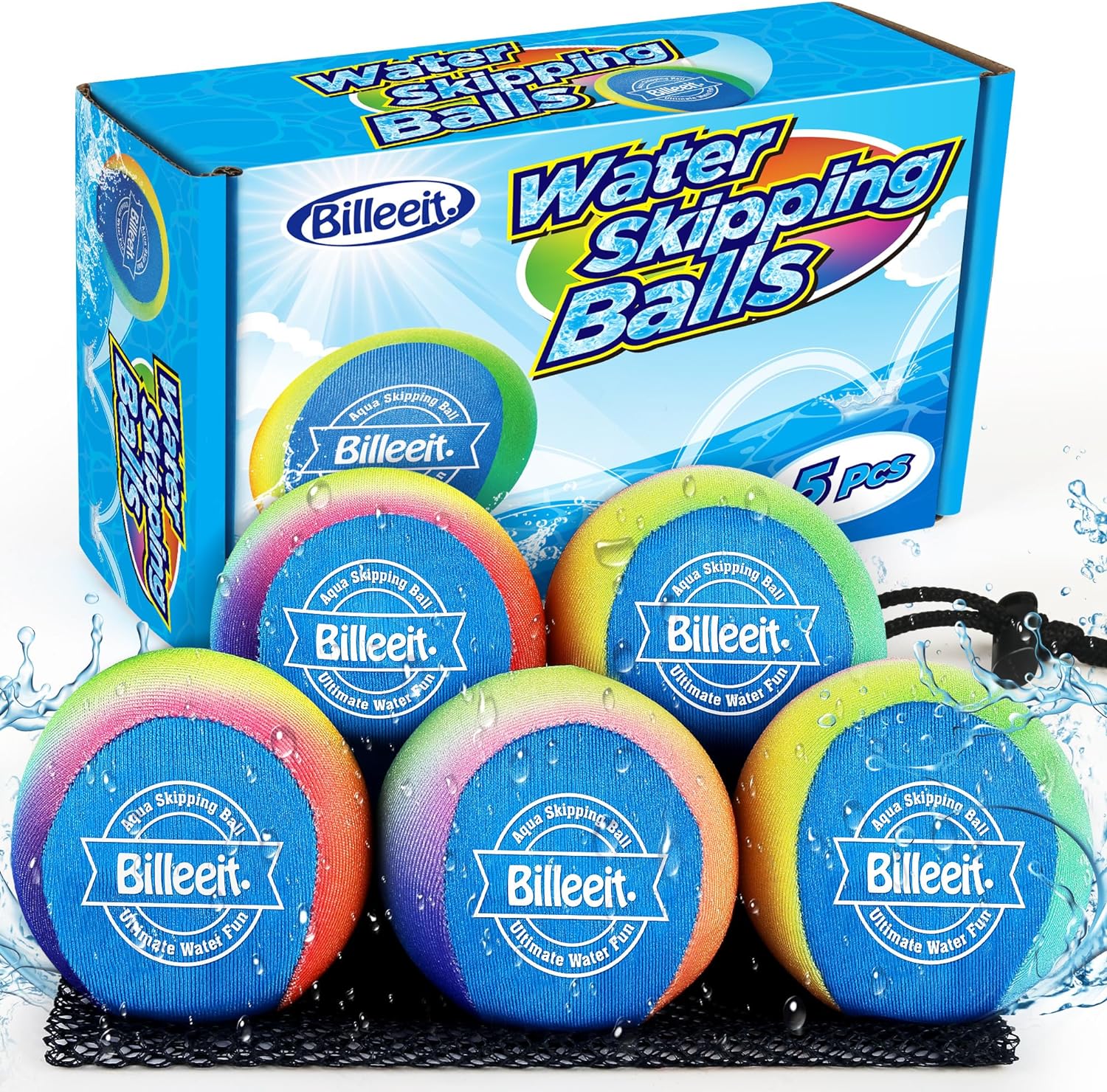 Billeeit 5Pcs Water Skipping Balls Set for Pool Play, Multi-Colored Splash Water Bouncing Balls, Fun Water Pool Beach Swim Toys & Games for Kids 3+ 4-8-12 and Adults