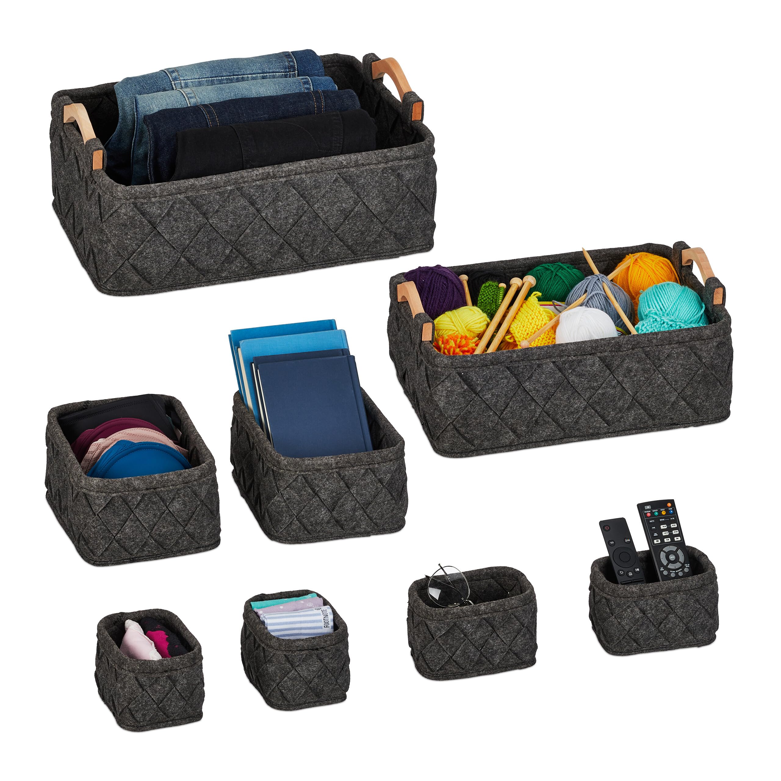 Relaxdays Panier de rangement, 8 pièces, 4 tailles différentes, boîte en feutre, pour l’armoire, gris foncé