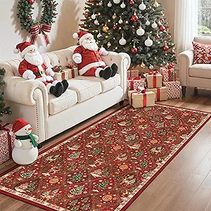 Madane Christmas Washable Runner Rug 3x6 Red Rug Runners for Hallways 6 Foot Non Slip Vintage Kitchen Runner Ultra-Thin Bathroom Xmas Holiday Decor Carpet Laundry Room Bedroom