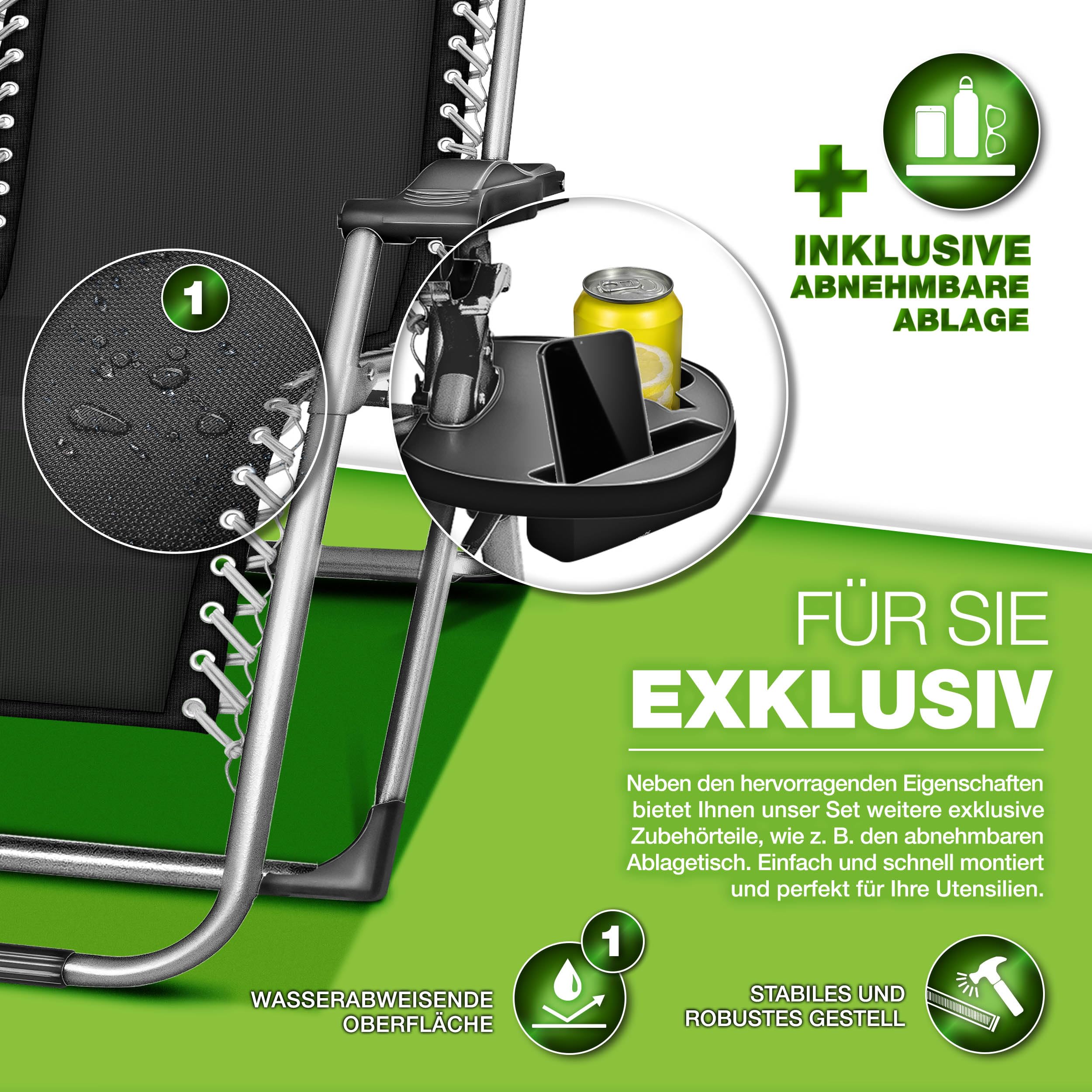 tillvex® Liegestuhl klappbar bis 200kg | Sonnenliege Gartenliege wetterfest Balkon, Garten & Terrasse | Outdoor Liege verstellbar mit dickem Polster | Relaxliege Nackenkissen (Anthrazit)