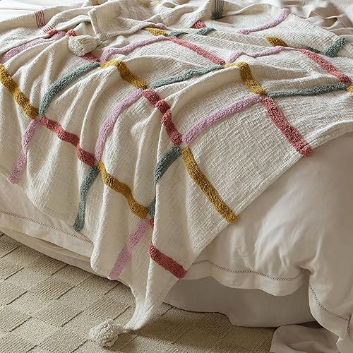 Miniatura 5 de Double Stitch by Bedsure Manta copetuda 100% algodón para sofá, hecha a mano en la India, manta decorativa de alta calidad con borlas, manta de
