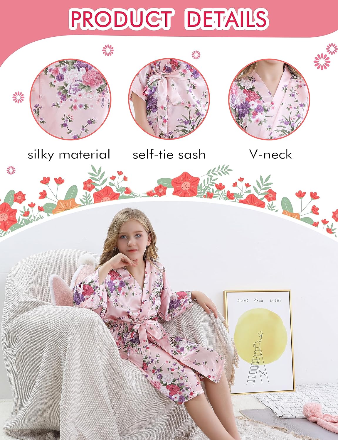 SEALINF Kids Girl's Floral Robe for Birthday Spa Parties Wedding Getting Ready Sleeping Gown - Image 3
