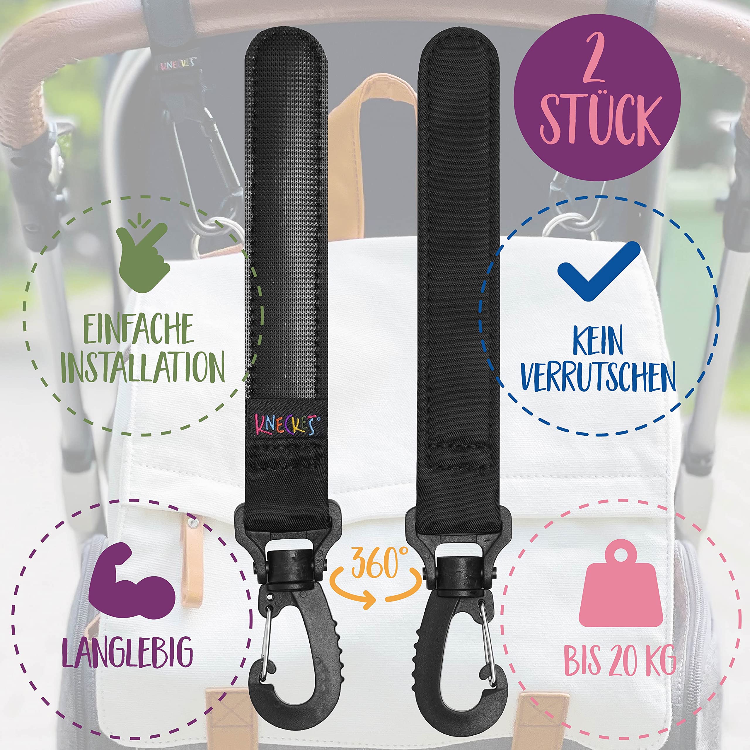 Robusti ganci per passeggino (set di 2, capacità di carico 40 kg) Chiusura in velcro
