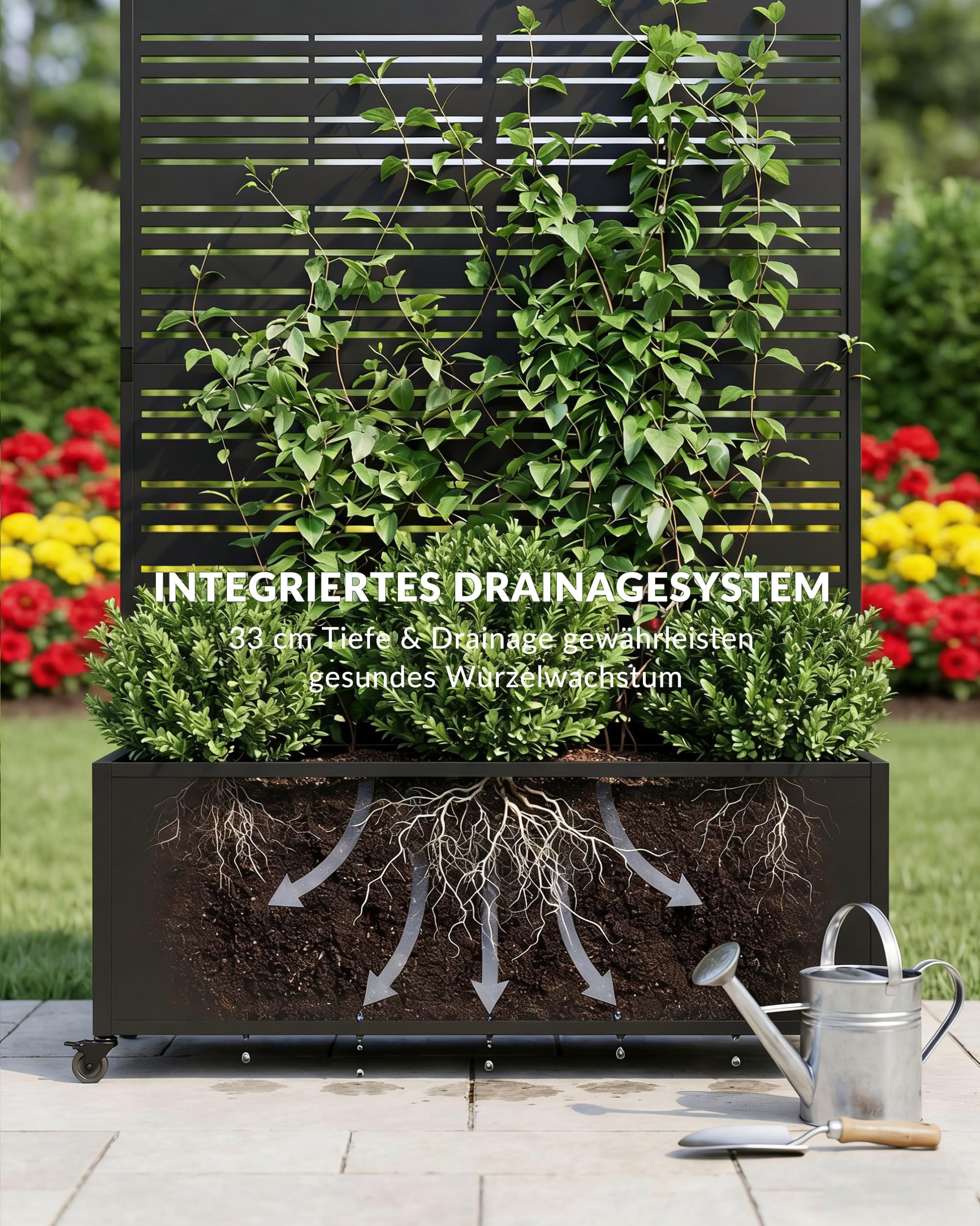 Hochbeet mit Sichtschutz, Metall Pflanzkasten mit Rankgitter und Rollen, freistehender Pflanzkübel 33cm tief, wetterfest für Blumen und Kletterpflanzen - Ideal für Garten, Balkon und Terrasse