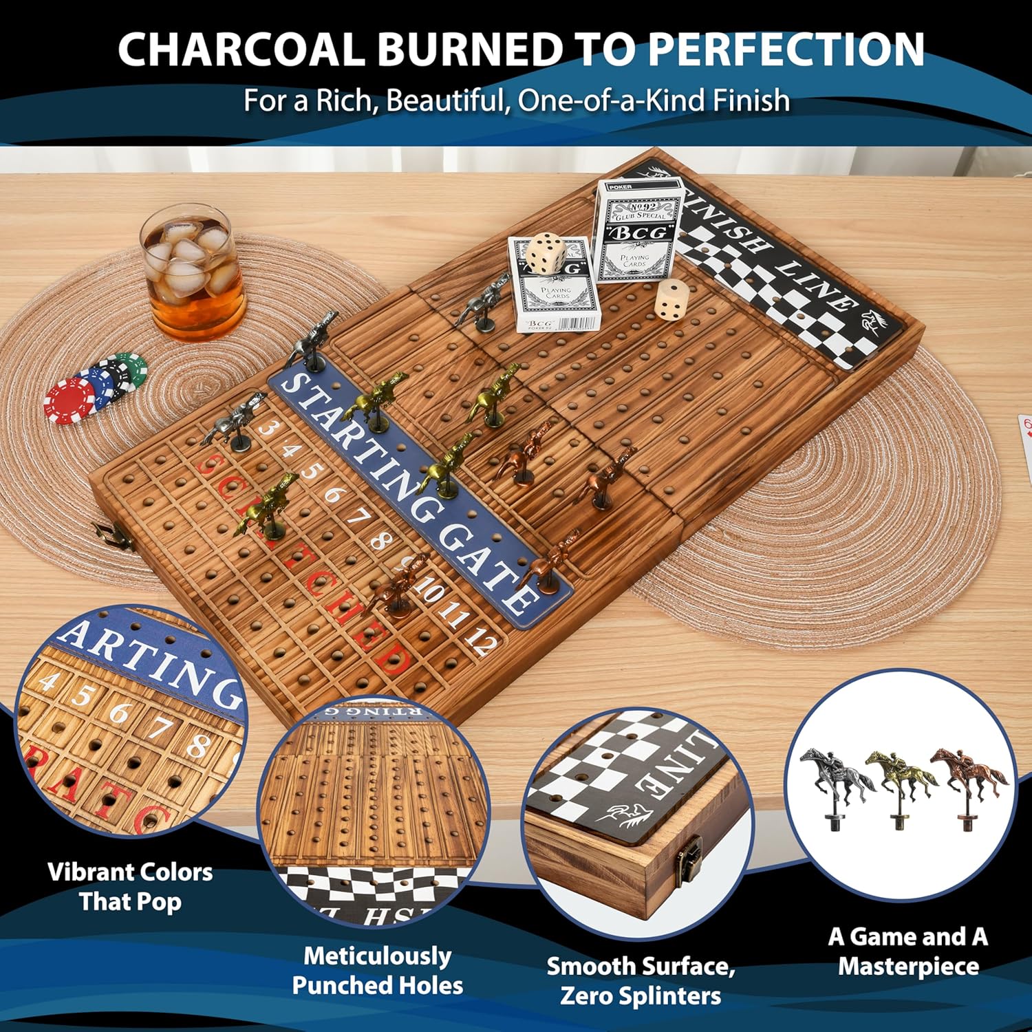Horse Racing Board Game - 23"x12" - Derby Classic Horse Race Game with 11 Metal Horses - Foldable Wood Horse Game with Dice, Premium Chips & 2 Packs of Cards - Rustic Brown