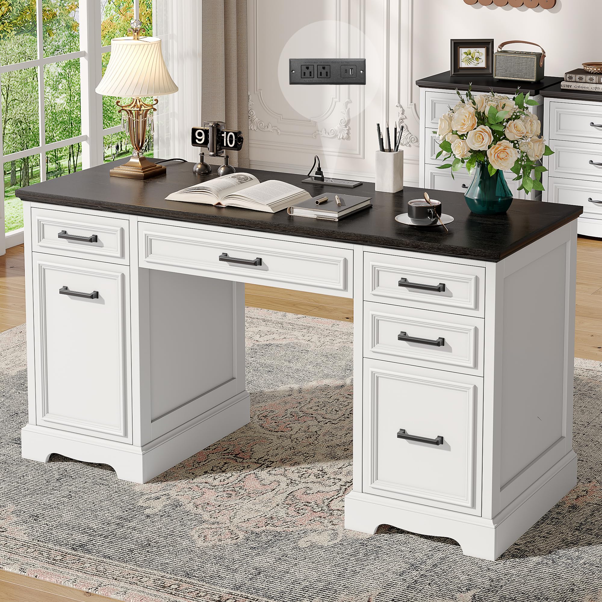 Fynar White Farmhouse Executive Desk with Drawers and Charging Station, 55.1" Wood Home Office Desk with Storage Cabinet,Morden Solid Computer Writing
