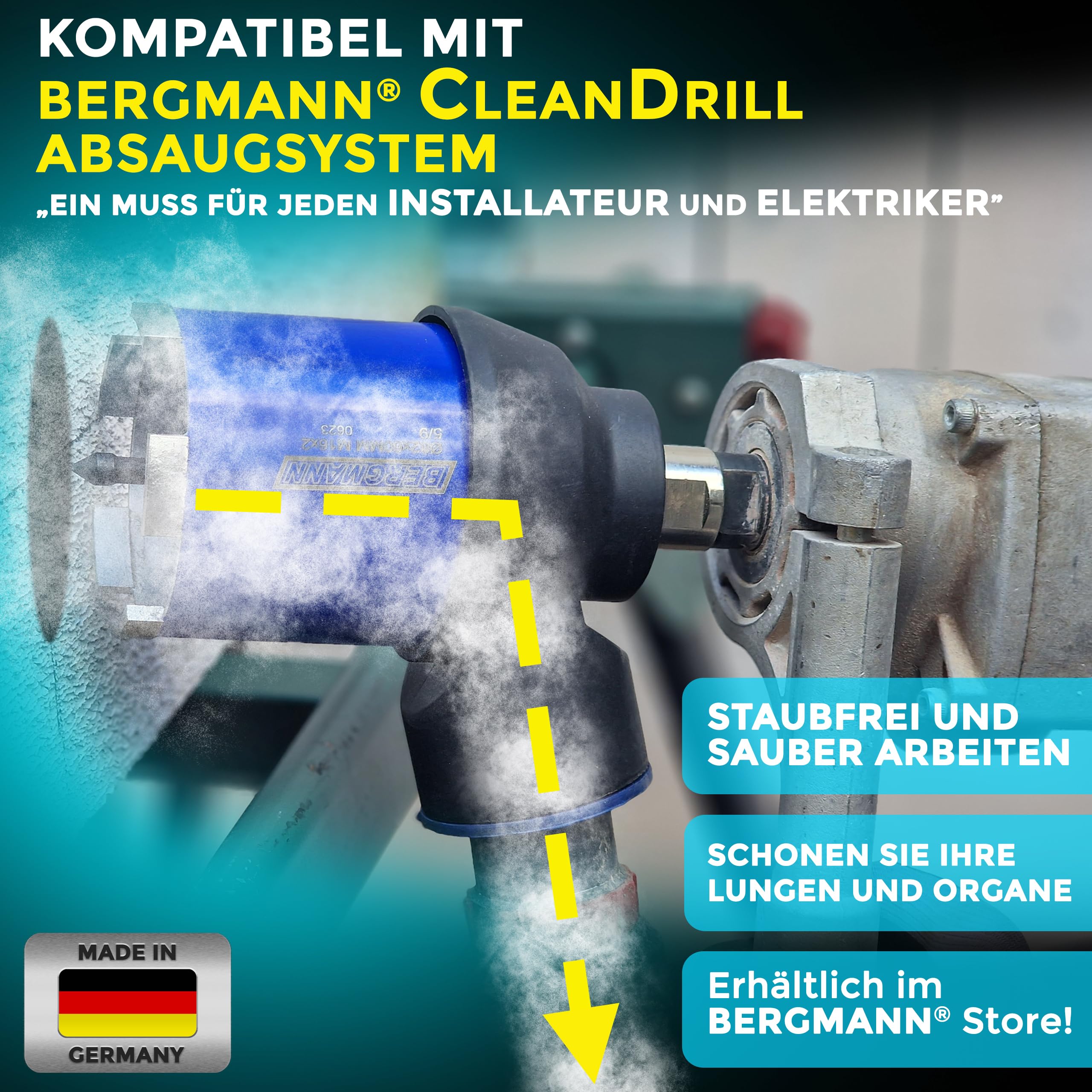 BERGMANN ® Diamentowy pogłębiacz do puszek 82 mm z adapterem SDS-Plus | M16 otwornica z 5 segmentami z otworami ssącymi | do wiertarki, muru, betonu i wielu innych