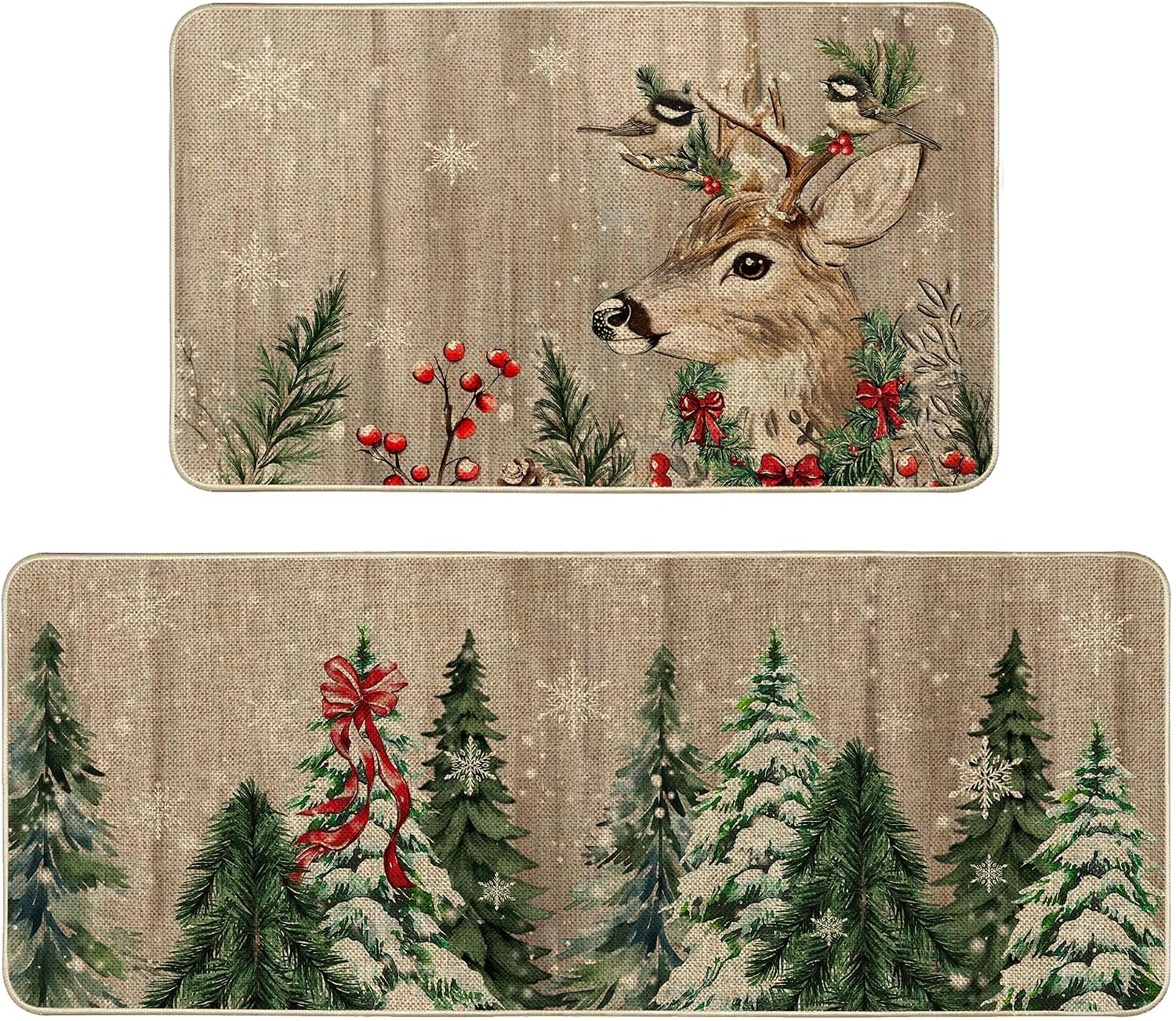 Winter Woodgrain Tree Kitchen Mats Set of 2, Welcome Winter Kitchen Rugs Xmas Deer Berry Snowflakes Floor Non-Slip Low Profile Mat Seasonal Farmhouse Home Decor 17x29 and 17x47 Inch