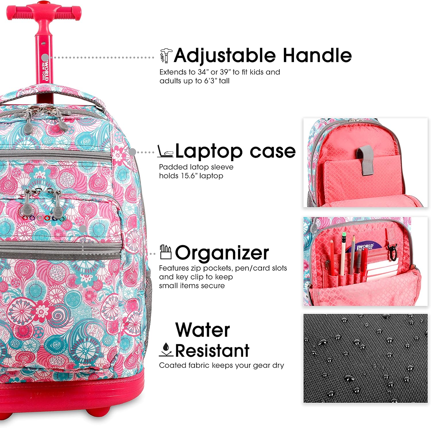 J World Sundance Laptop Rolling Backpack for Girls Boys. Roller Bookbag with Wheels, Blue Raspberry - Image 5
