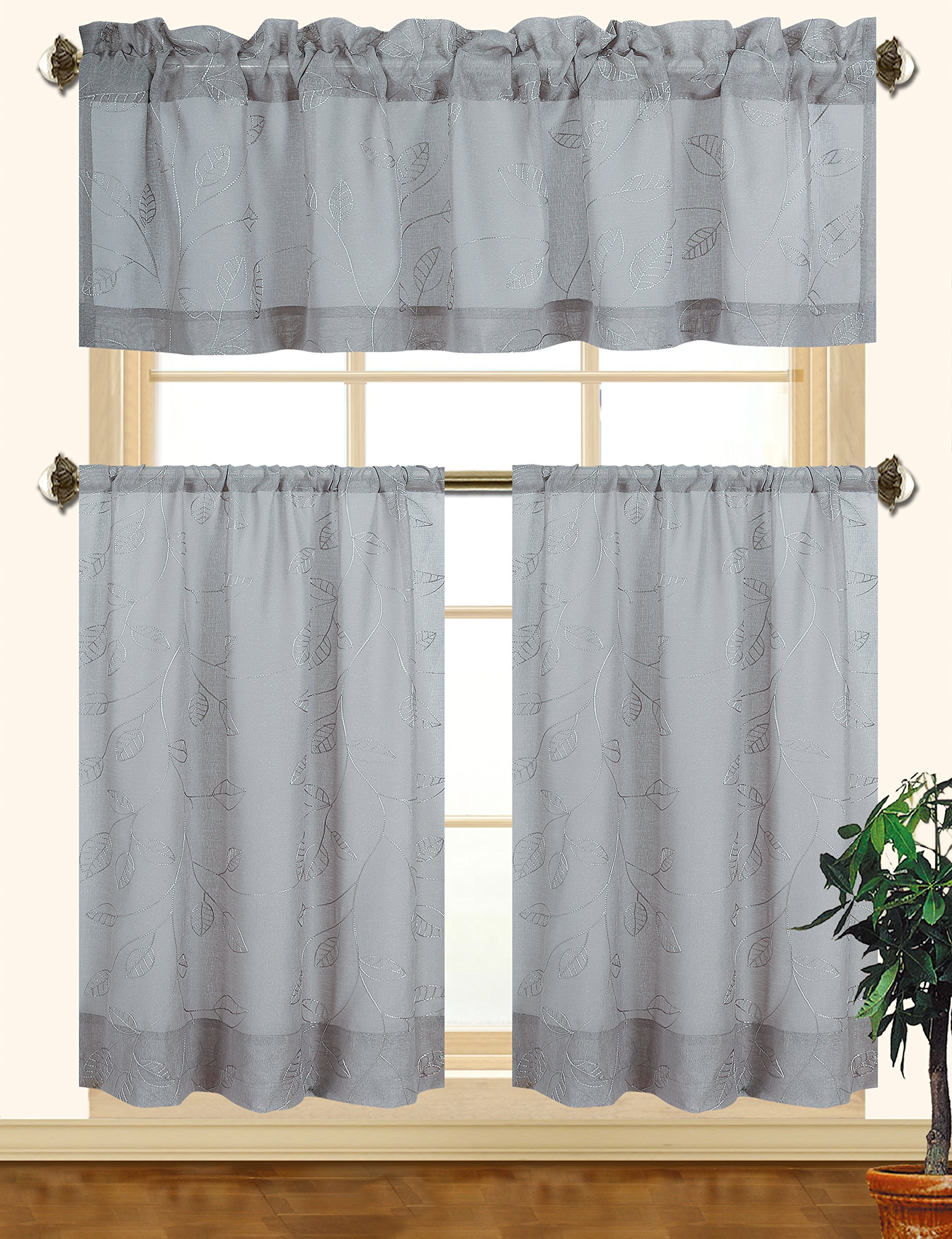 Kashi Home Fiona 3pc Leaves Embroidered Decorative Kitchen Curtain Set (Gray/Gray)