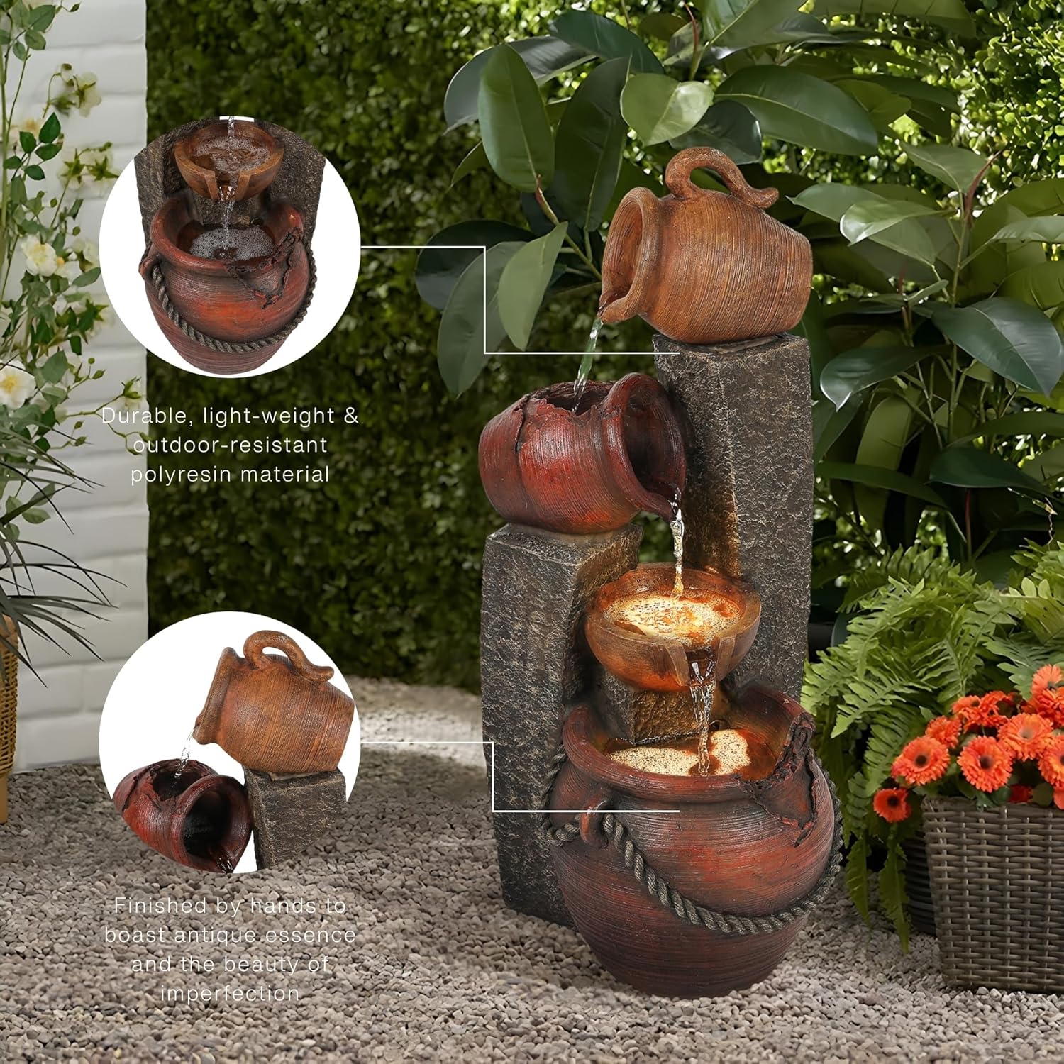 Rustic Brown Poly Resin 3-Tier Outdoor Fountain with LED Lights