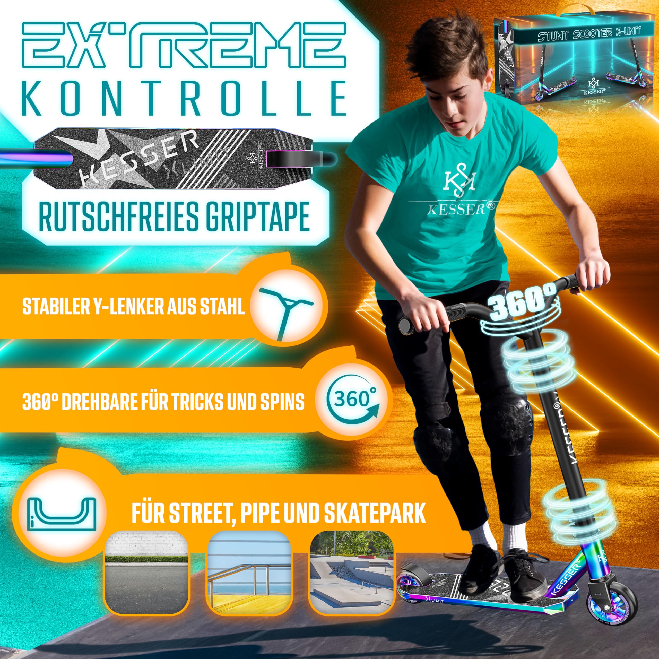 KESSER® Trottinette Stunt X-Limit - Direction à 360° - Robuste - Avec roulements à billes ABEC 9 - Roues PU 100 mm - Trottinette de ville, d'acrobatie - Pour enfants et adultes