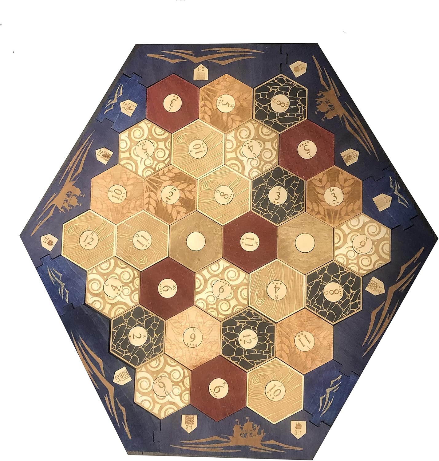 Blue Stained Border Wood Game Board With Custom Laser Etched Terrain, Border and Number Tokens Compatible with Settlers of Catan 5-6 Player Wooden Board Game