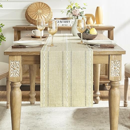 Cstalstal Rustic Linen Table Runner, Boho Farmhouse Hollow
