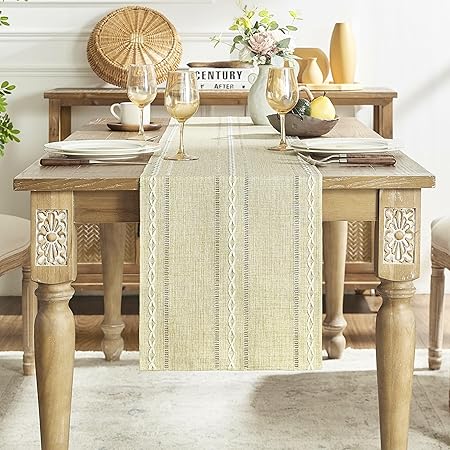 Cstalstal Rustic Linen Table Runner, Boho Farmhouse Small Table Runners 36 Inches Long for Kitchen Dining Room Party Bedroom Dresser Decor, Coffee, 13x36 Inches