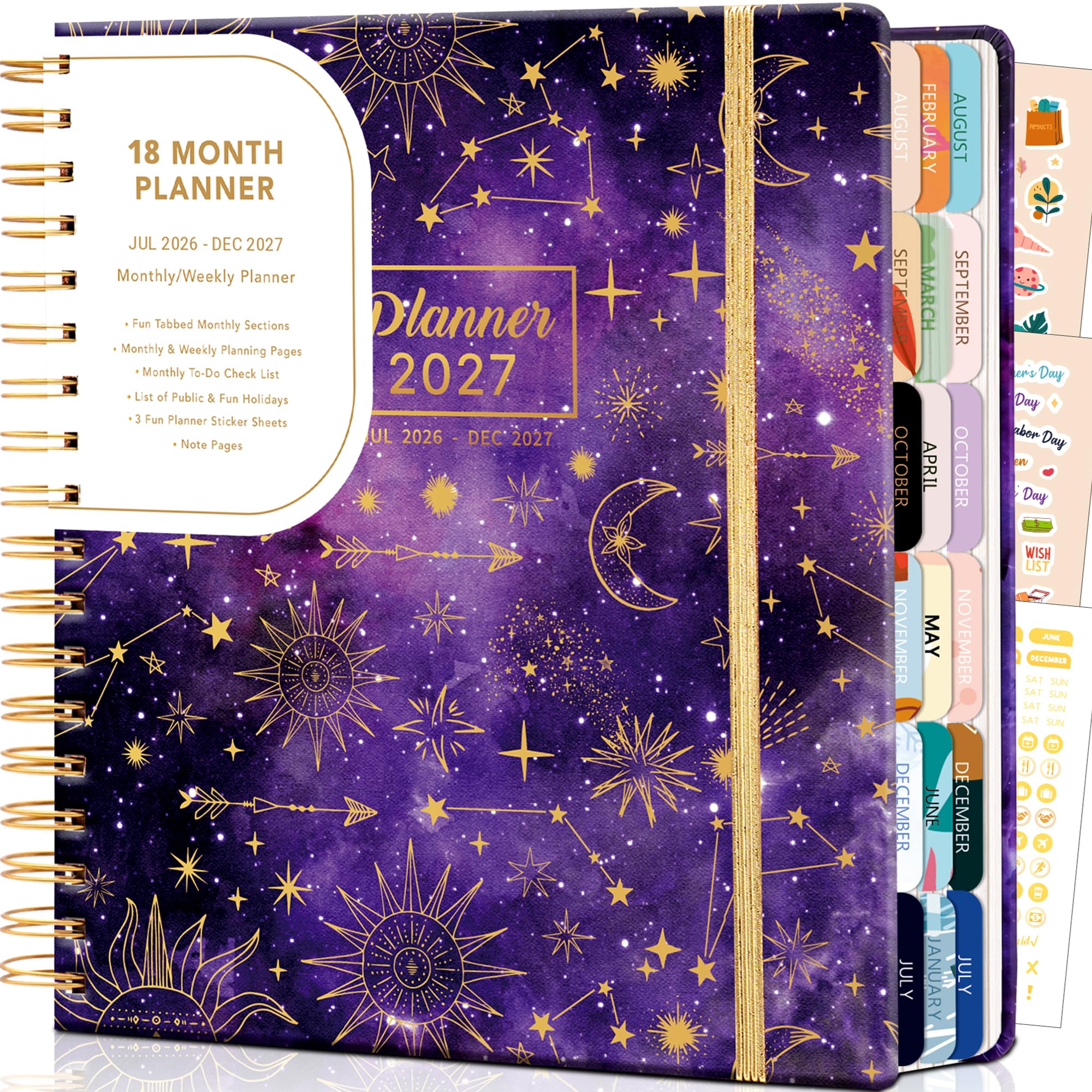 CAGIE Agenda 2026-2027, 18 mesi, luglio 2026-dicembre 2027, calendario settimanale e mensile, con copertina rigida, 26-27, da donna, con linguette adesive, rilegatura a spirale, viola, 20,3 x 22,9 cm