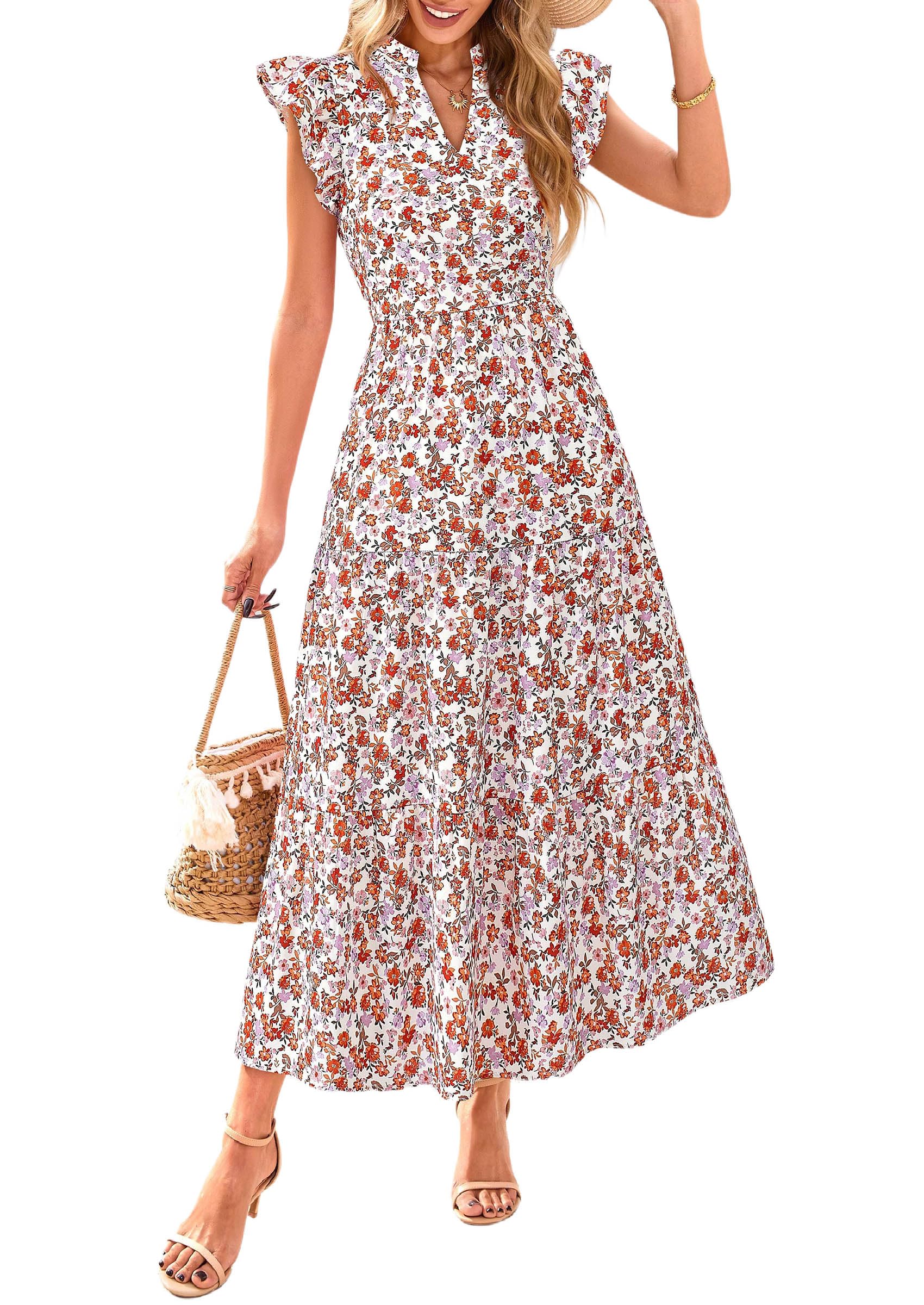 PRETTYGARDEN Women's 2026 Summer Floral Midi Dress Cap Sleeve V Neck Ruffle Long Flowy Boho Casual Beach Vacation Dresses