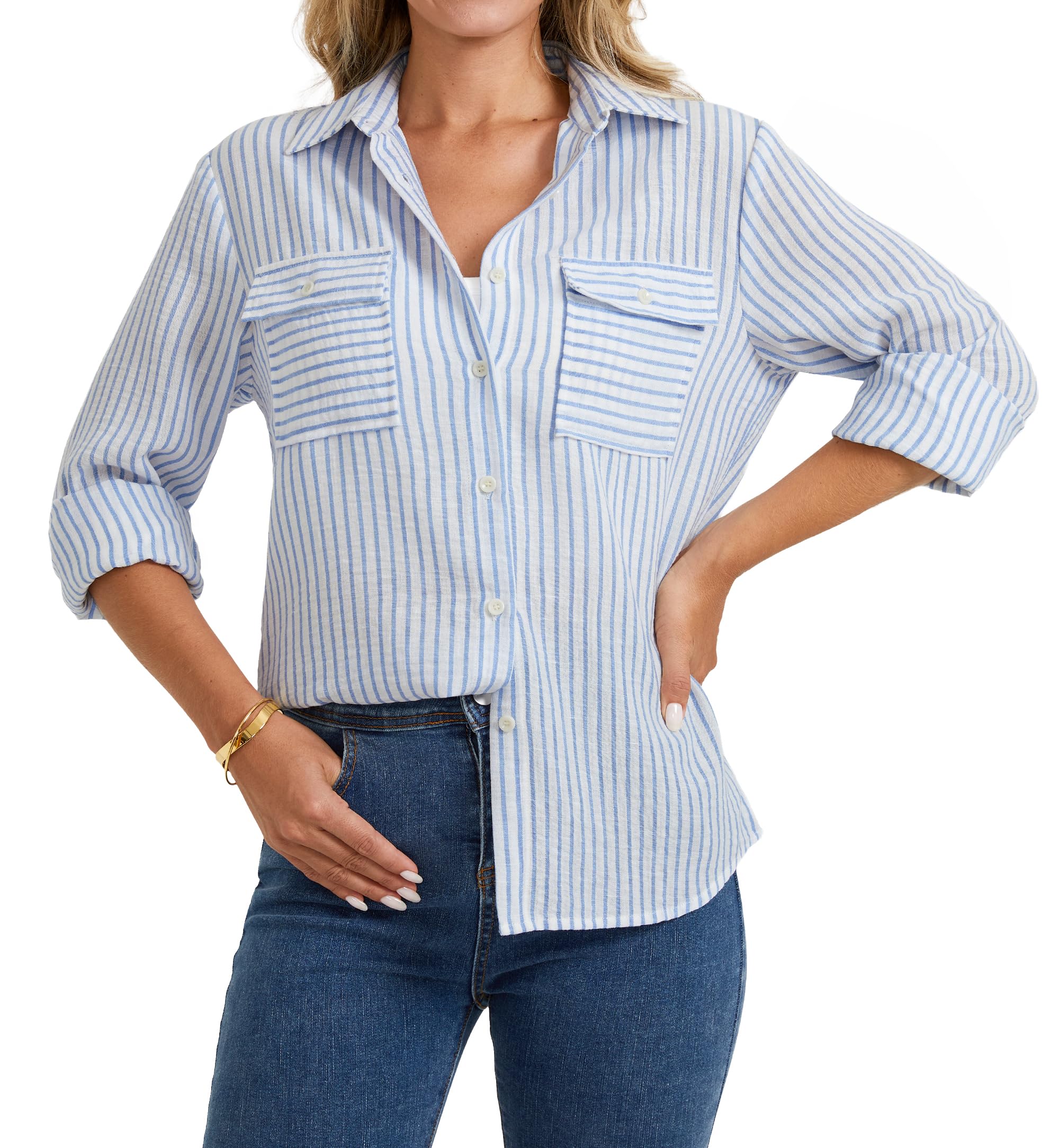 Camicia Donna A Righe Maniche Lunghe - Elegante E Casual, Con Bottoni, Vestibilità Slim, Per Ufficio E Tempo Libero