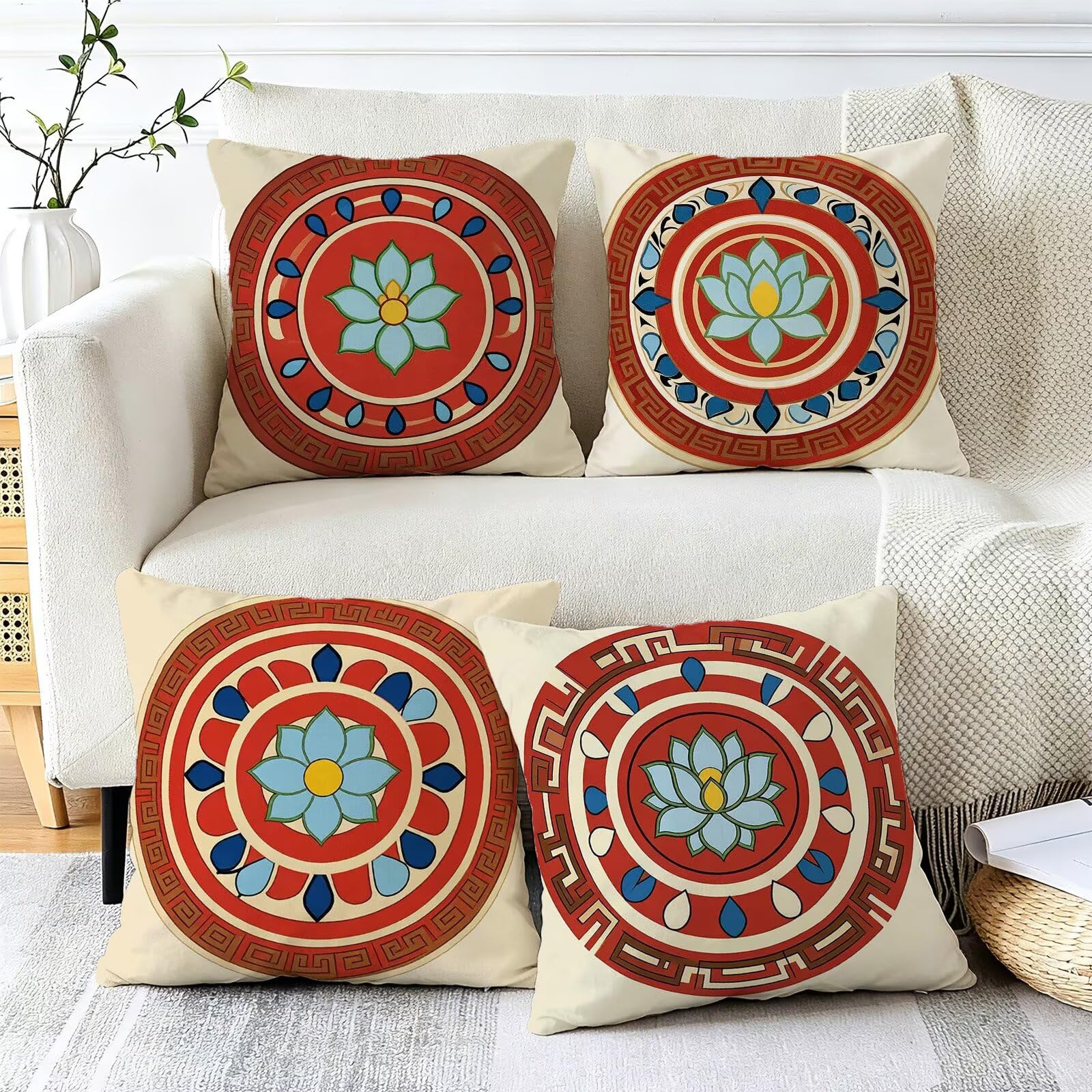Rosso Federe Cuscini Divano 40x40cm, Cuscini da Esterno Set de 4, Cod-154 | Lin Copricuscini Decorativi Letto Arredo, per Letto, Soggiorno, Giardino, Esterno, Casa Decorazione Set di 4 Retro