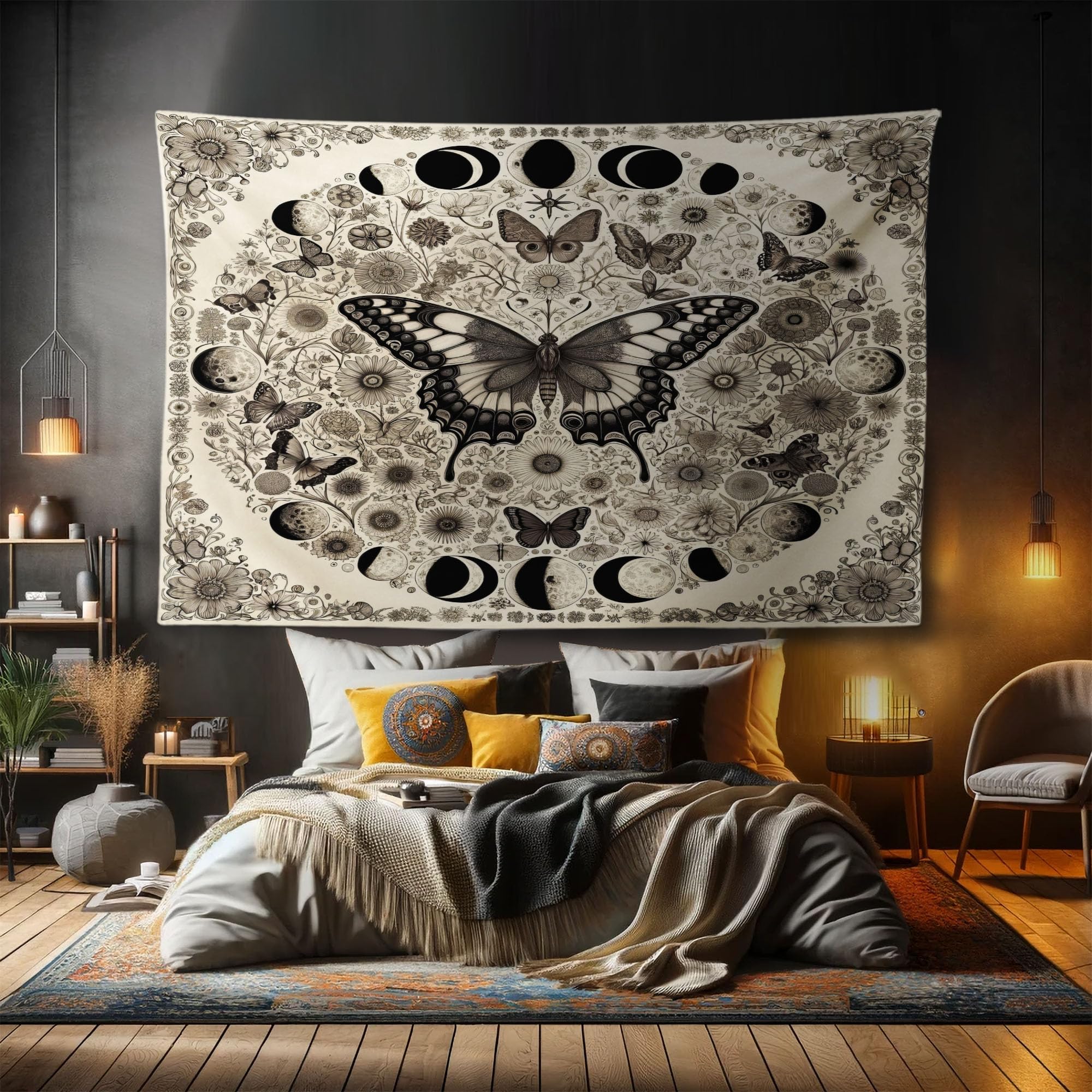Ambesonne Boho Tapestry, Jumble Nostalgia Medieval Witchy Butterfly Moon Pattern Floral Ornament, Fabric Wall Hanging Decor for Bedroom Living Room