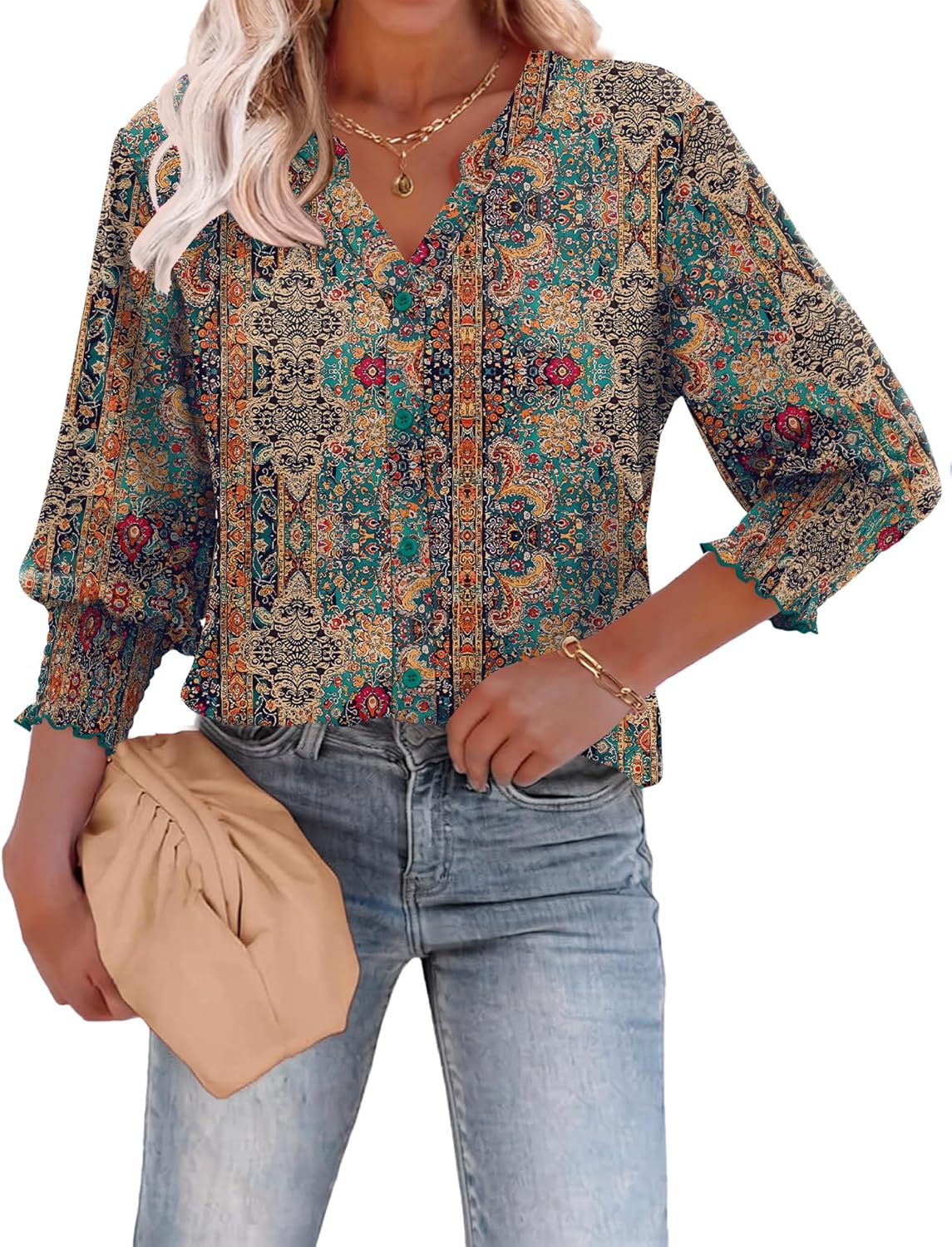 LOMON Button Down Shirts for Women 3/4 Length Sleeve Business Casual Blouses 2026 Summer Tops - Image 2