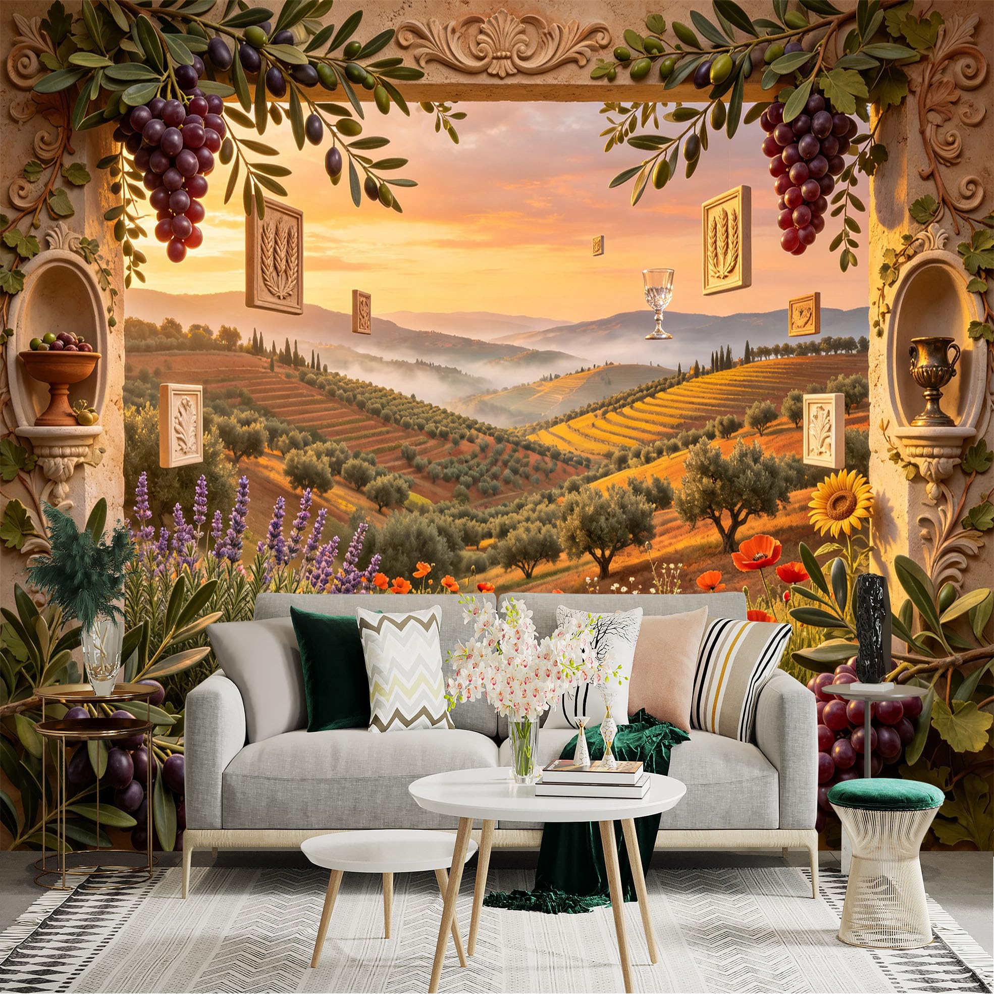 Lnzczhyre Bh260719312 Custom Size Wall Sticker Mural， Mediterranean Vineyard View， Sunlit Olive Groves And Wildflowers， Rustic Stone Frame， For Wall Decoration， Peelandstick Wall Decals.