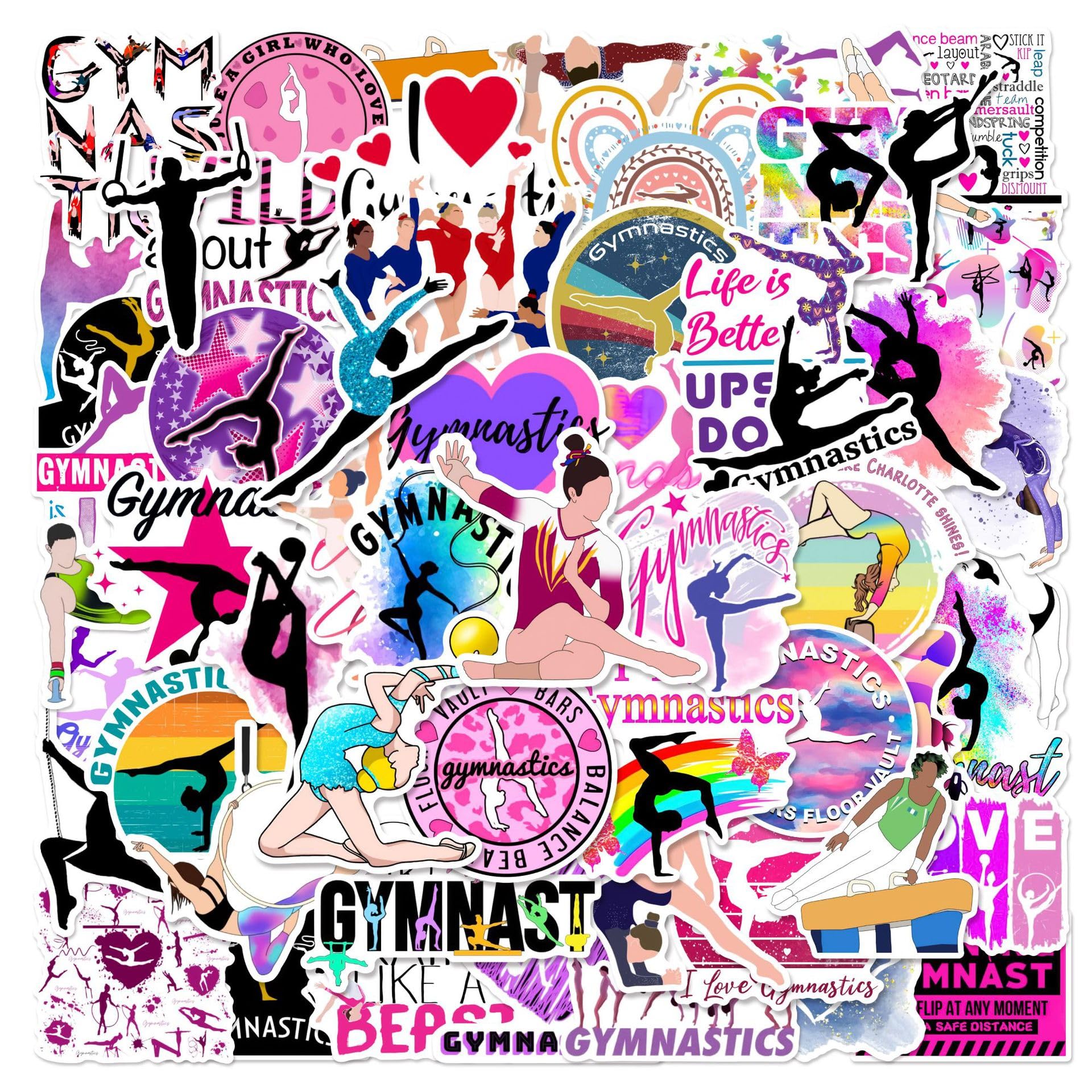 Gymnastics Stickers 50PCS for Water Bottle Laptop Guitar Luggage Cup Computer Scrapbook Skateboard Helmet Car Bumper,Gymnastic Aesthetic Waterproof Decals for Teens Girls Boys Kids Adults