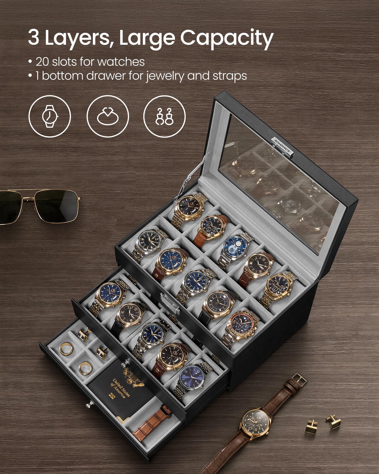 SONGMICS UJWB036B101 - Scatola per orologi, 20 scomparti, con grande coperchio in vetro, cuscini rimovibili, chiusura in metallo, regalo per i propri cari, in pelle sintetica nera, fodera grigia