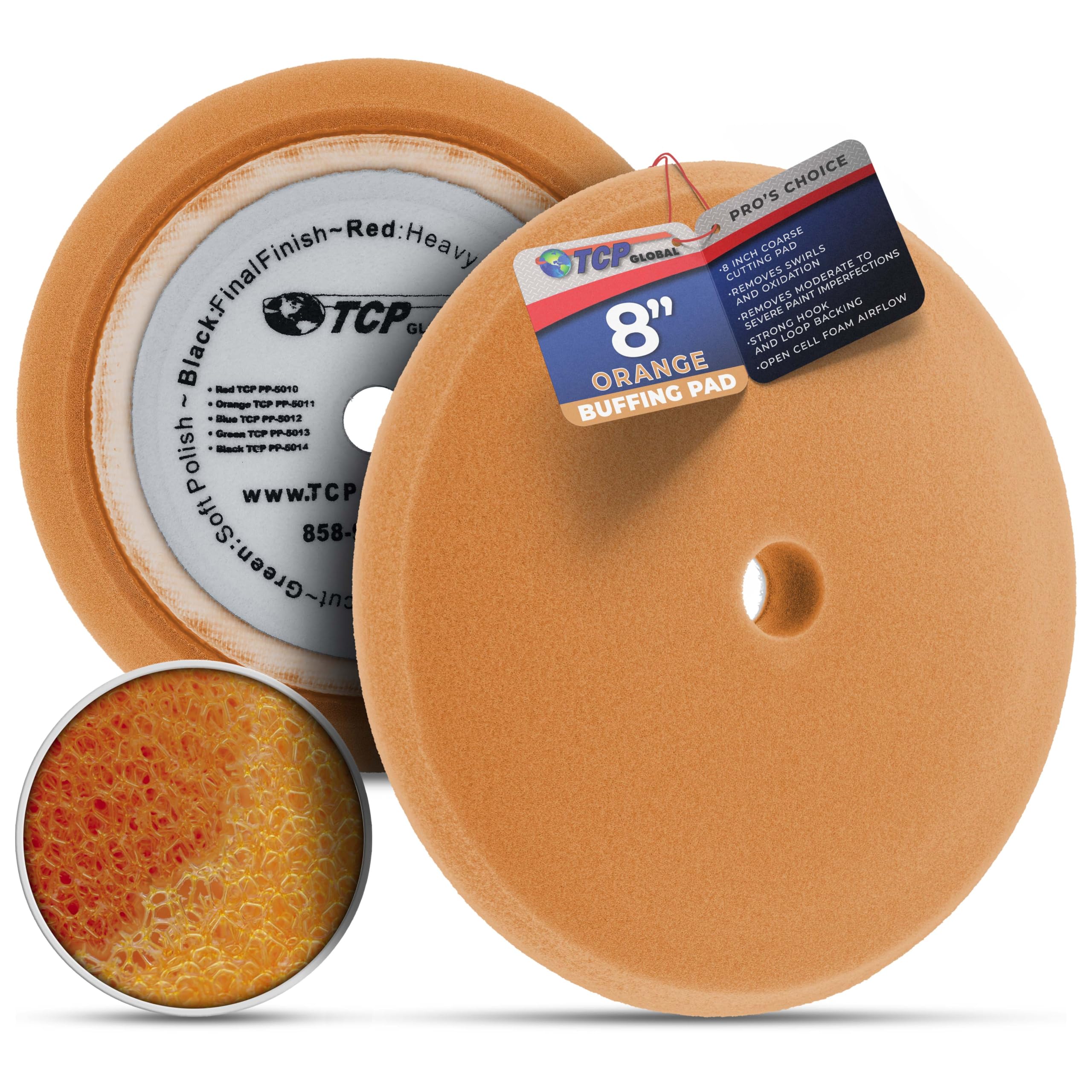 TCP Global 8 Orange Foam Buffing Pad Coarse Cutting Polish Hook & Loop - Standard Grade Cutting Pad by TCP Global