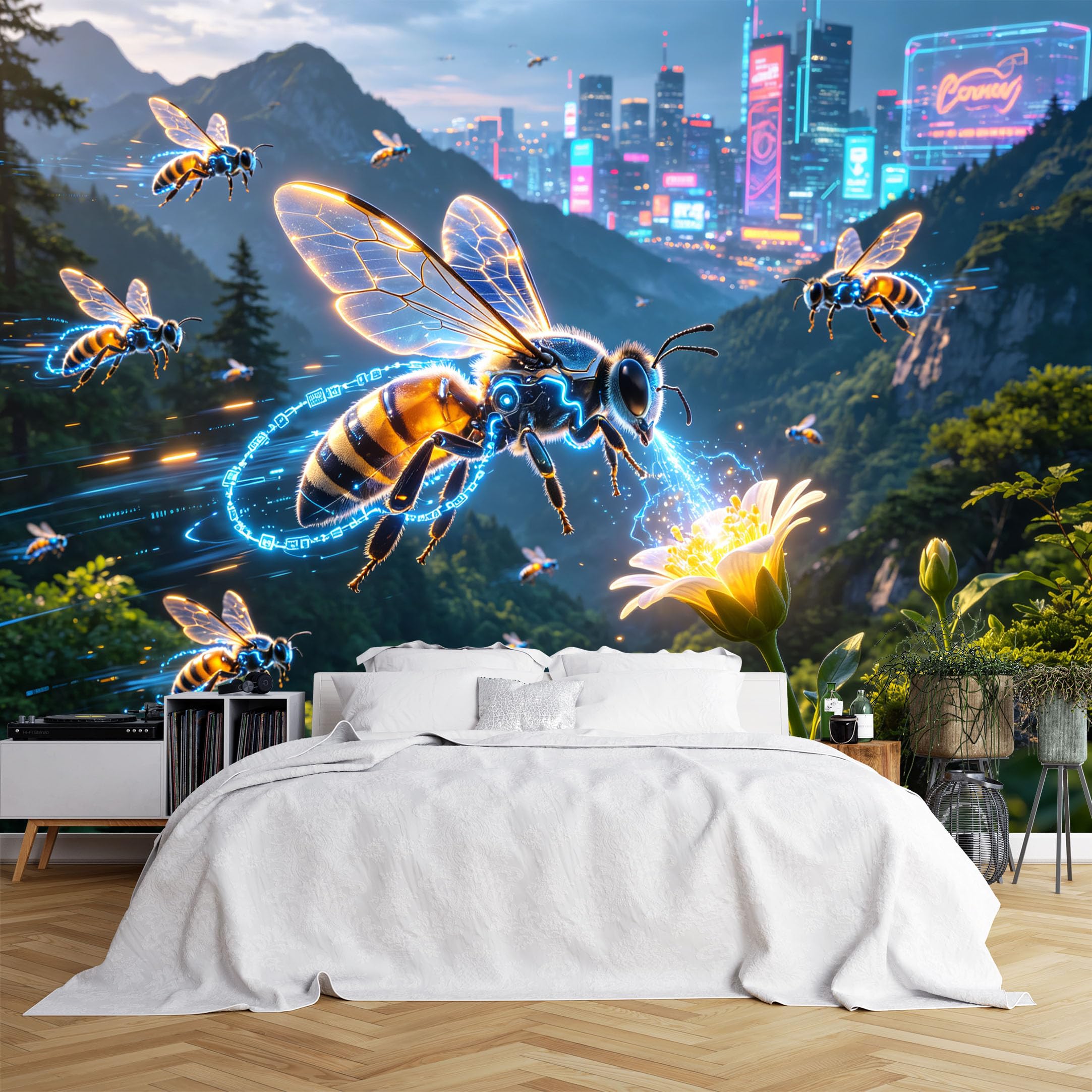 Lcythiazole Ch260615180 Custom Size Wall Murals Cyber Tech Bee Mountain City Neon Background Vivid Self-Adhesive Wall Fabric (No Pvc) Removable Wallpaper For Office Playroom