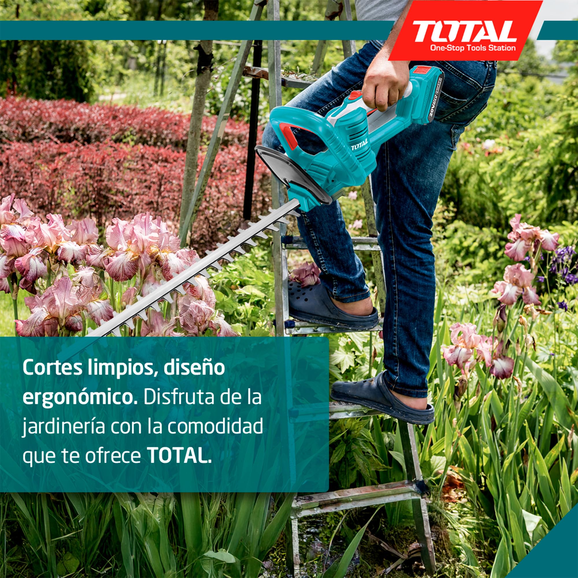 Total Cortasetos Eléctrico a Batería, Incluye Batería de 2 Ah y 20V y Cargador, Batería de Larga Duración, Ligero, Cómodo de Usar, Corte preciso: Cuchillas de 460 mm