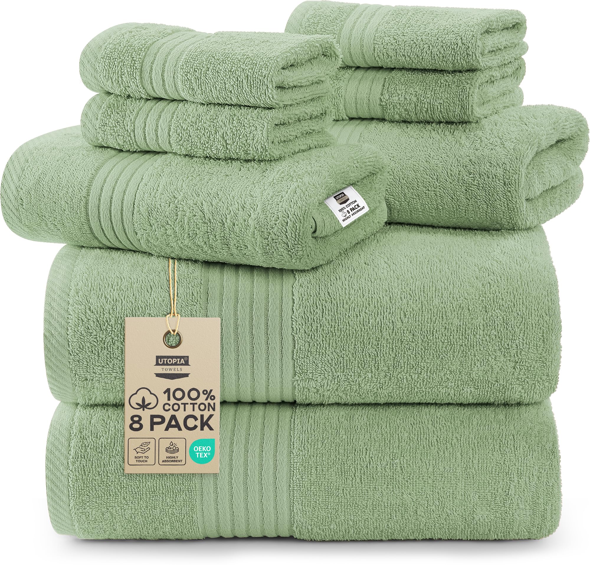 Utopia Towels 8 Piece Premium Towel Set, 2 Bath, 2 Hand, and 4 Washcloths, 100% Ring Spun Cotton, Highly Absorbent Towels for Bathroom, Sports, and Hotel, Sage Green