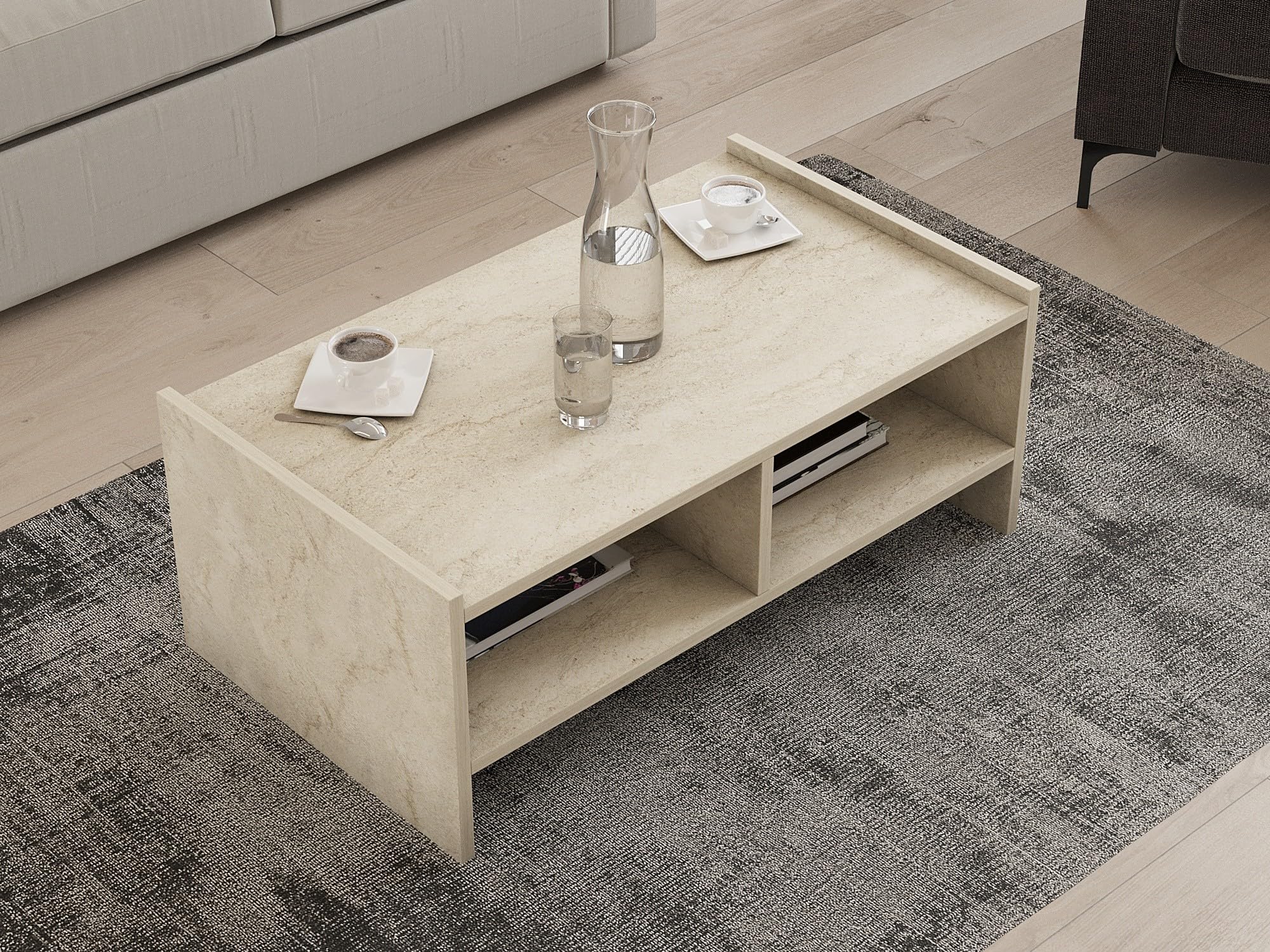 Dmora Ornalo Table Basse 90 x 50 x 35h cm Beige marbre 2 Compartiments Forme rectangulaire, dégradé Couleur Plateau marbre