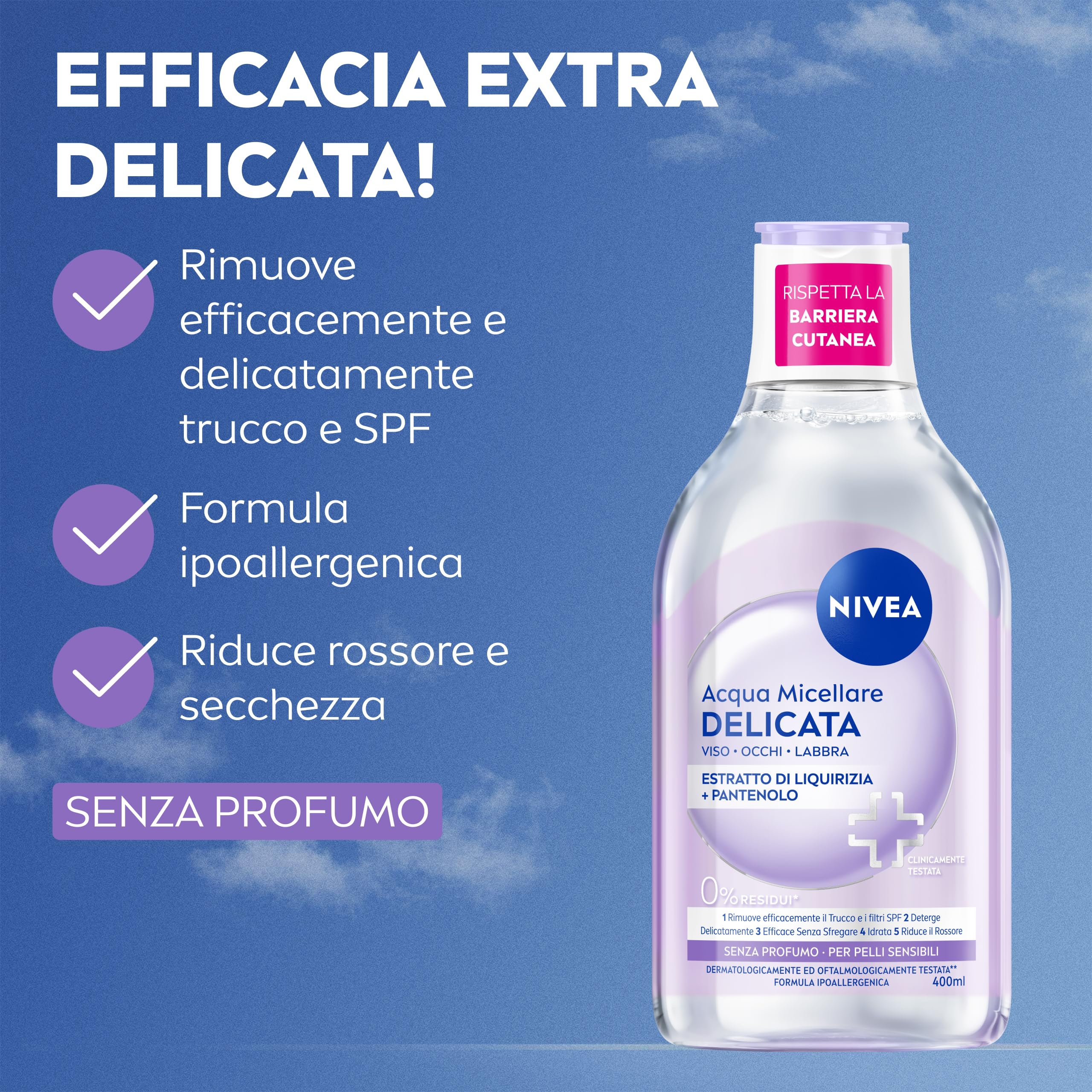 NIVEA Acqua Micellare Delicata 400 ml, Struccante viso e occhi e labbra per make-up e SPF, Con Liquirizia e Pantenolo, Senza profumo, Formula ipoallergenica, Detergente viso pelle sensibile