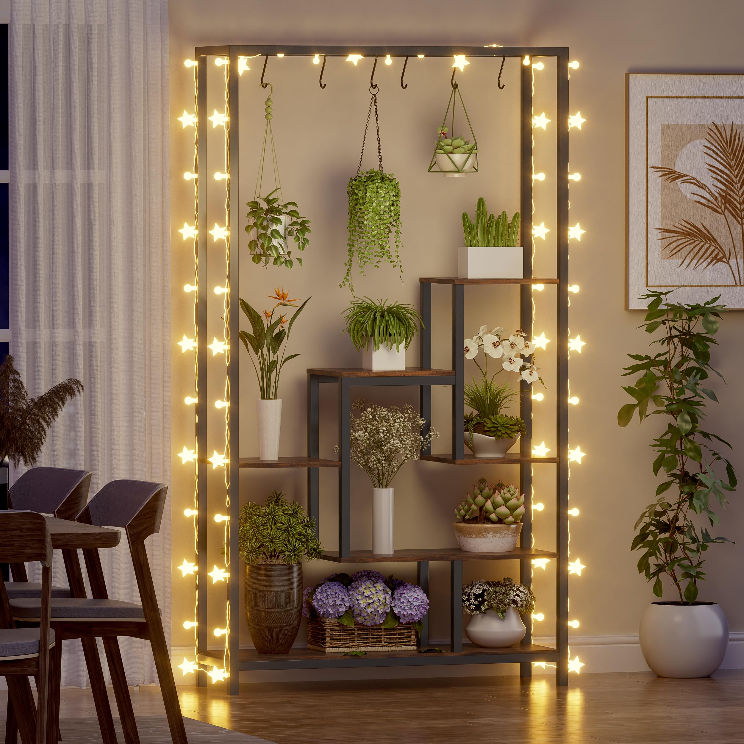MSFE Soporte para Plantas Interior Altas de Metal,Soporte para Plantas de Interior de 5 Niveles,Estante Grande de Metal de 179CM con 6 Ganchos Colgantes en S y Luces LED para Flores, Bonsái en Maceta