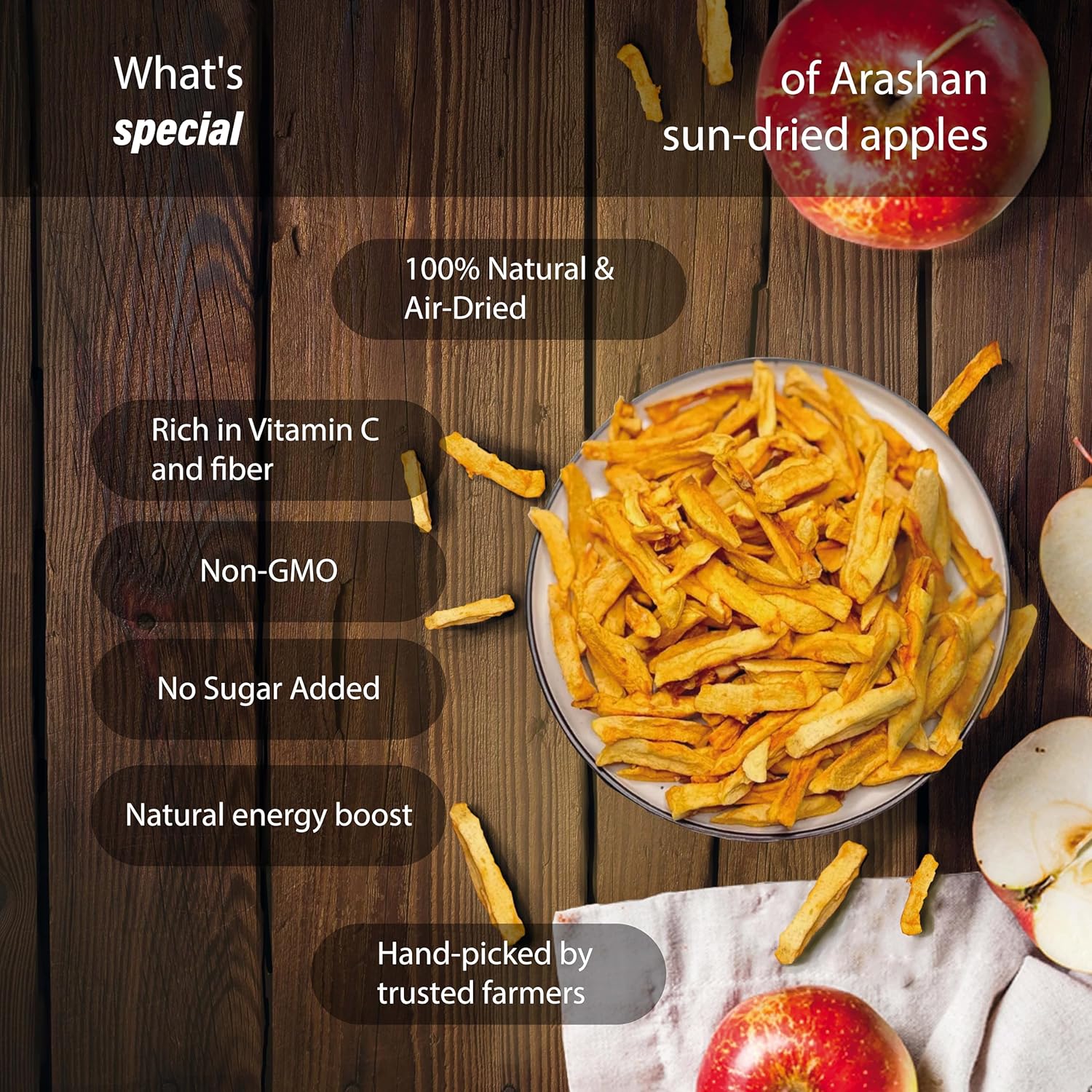 Arashan Premium Dried Apples – 100% Natural, No Sugar Added, Vegan & Gluten-Free Healthy Snack – 50g (Pack of 10)